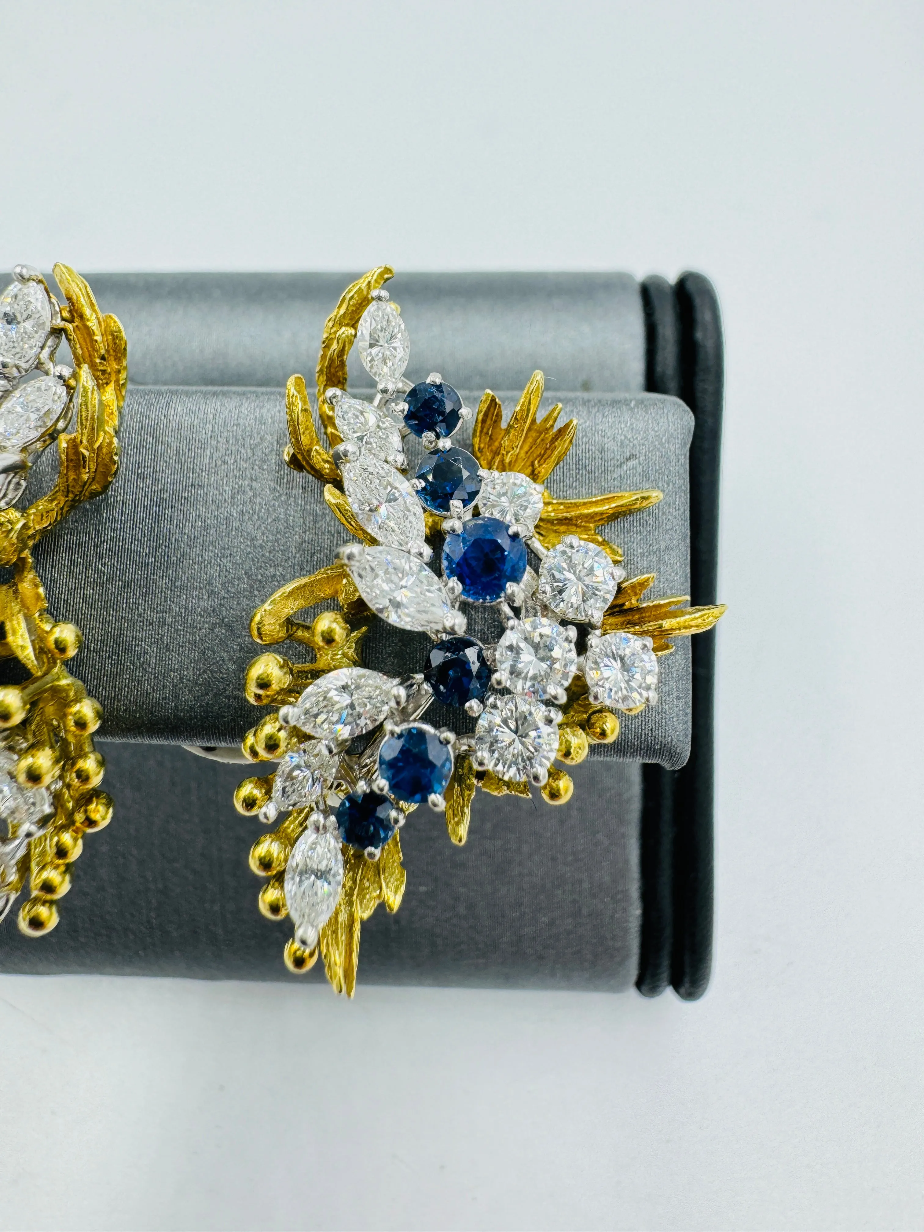 1970s Sapphire Diamond Clip On Yellow Gold Platinum Earrings