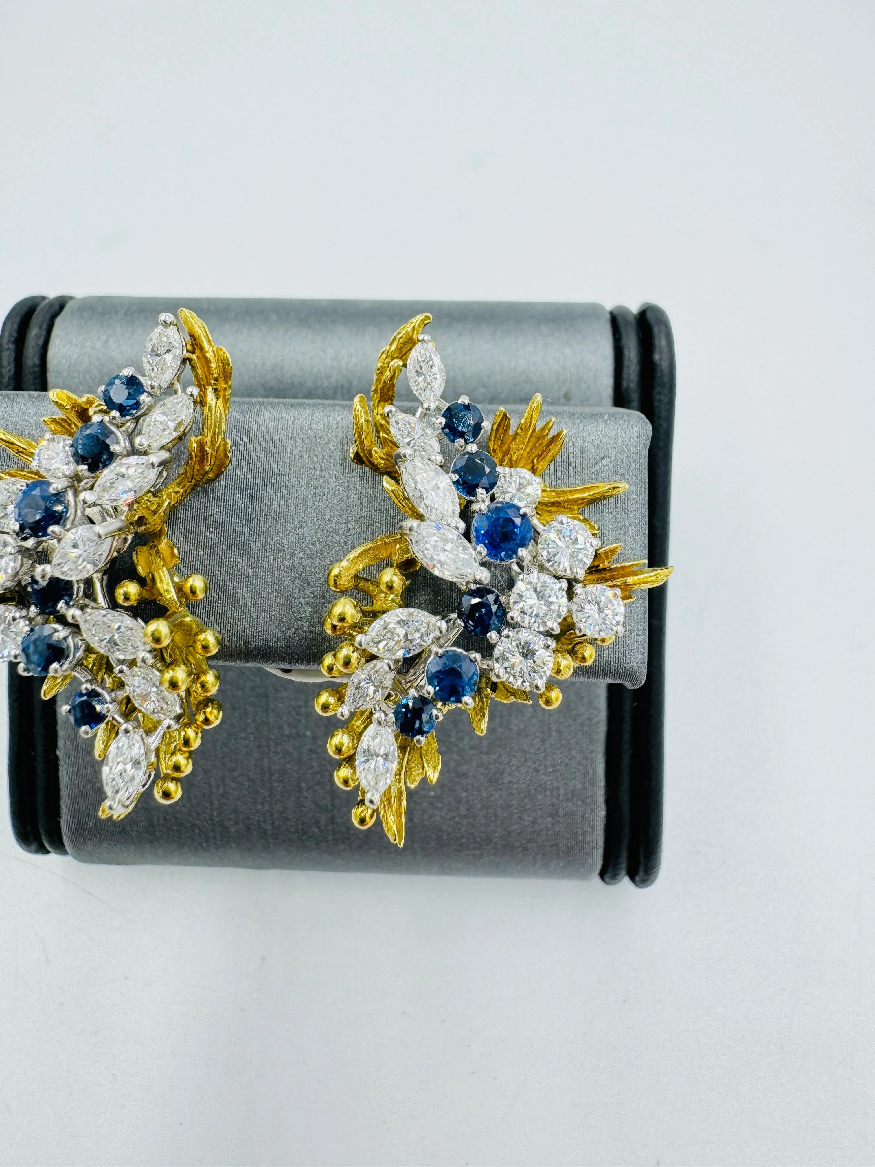 1970s Sapphire Diamond Clip On Yellow Gold Platinum Earrings