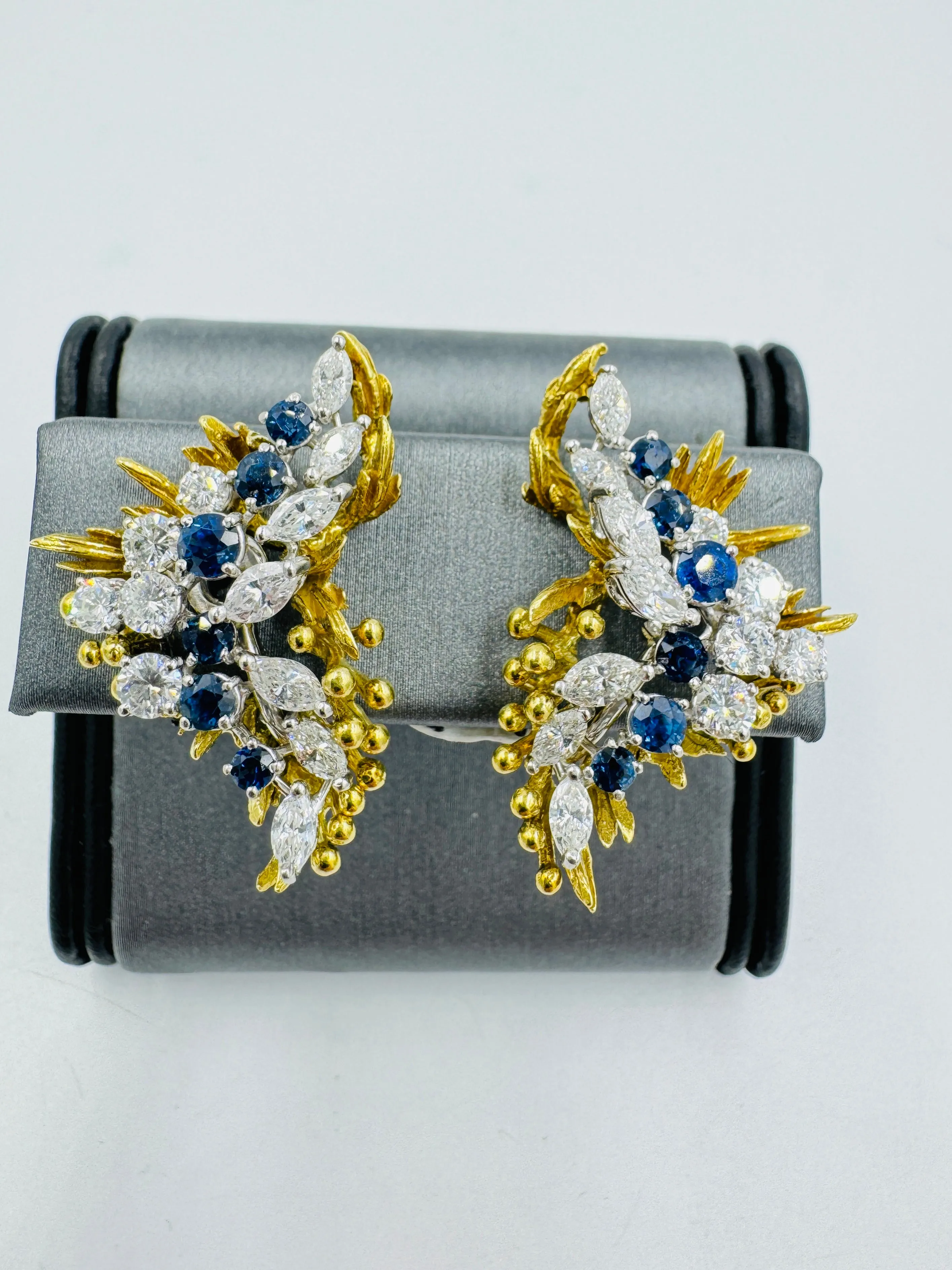 1970s Sapphire Diamond Clip On Yellow Gold Platinum Earrings