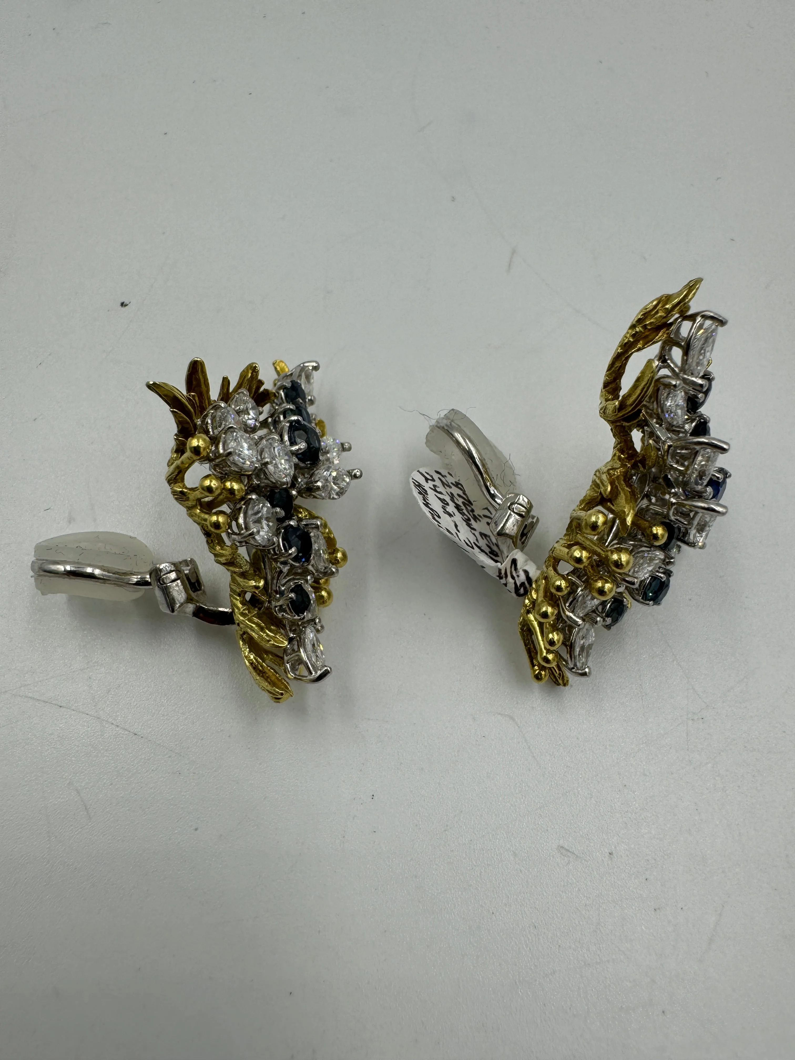 1970s Sapphire Diamond Clip On Yellow Gold Platinum Earrings