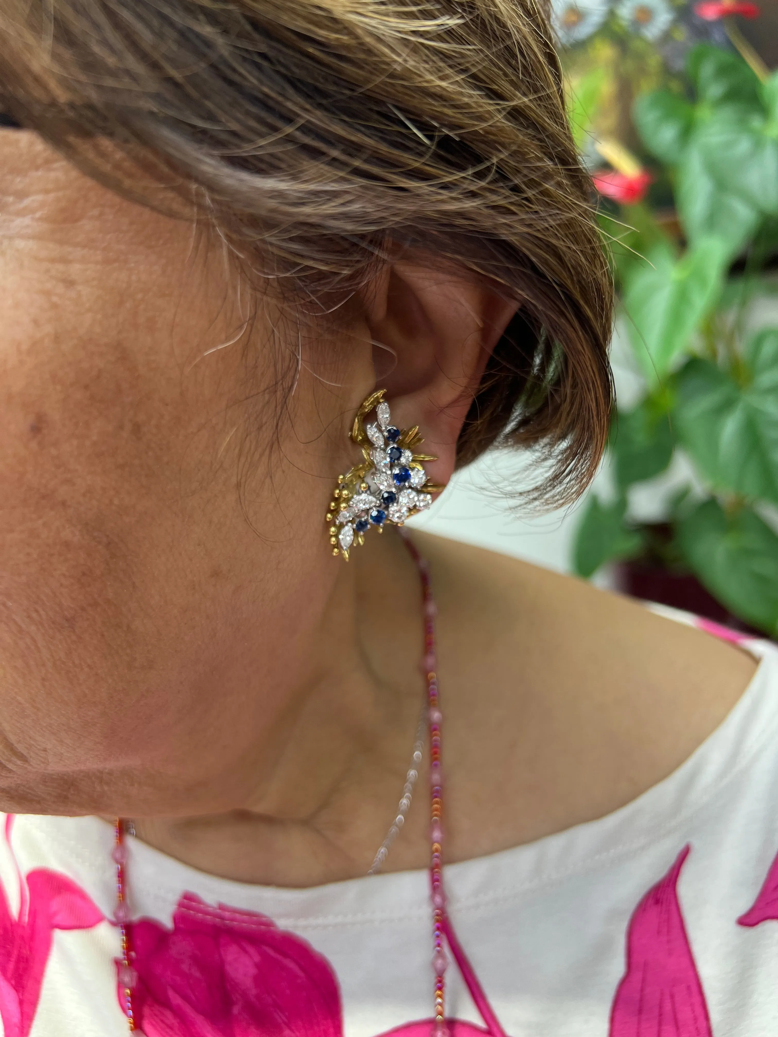 1970s Sapphire Diamond Clip On Yellow Gold Platinum Earrings