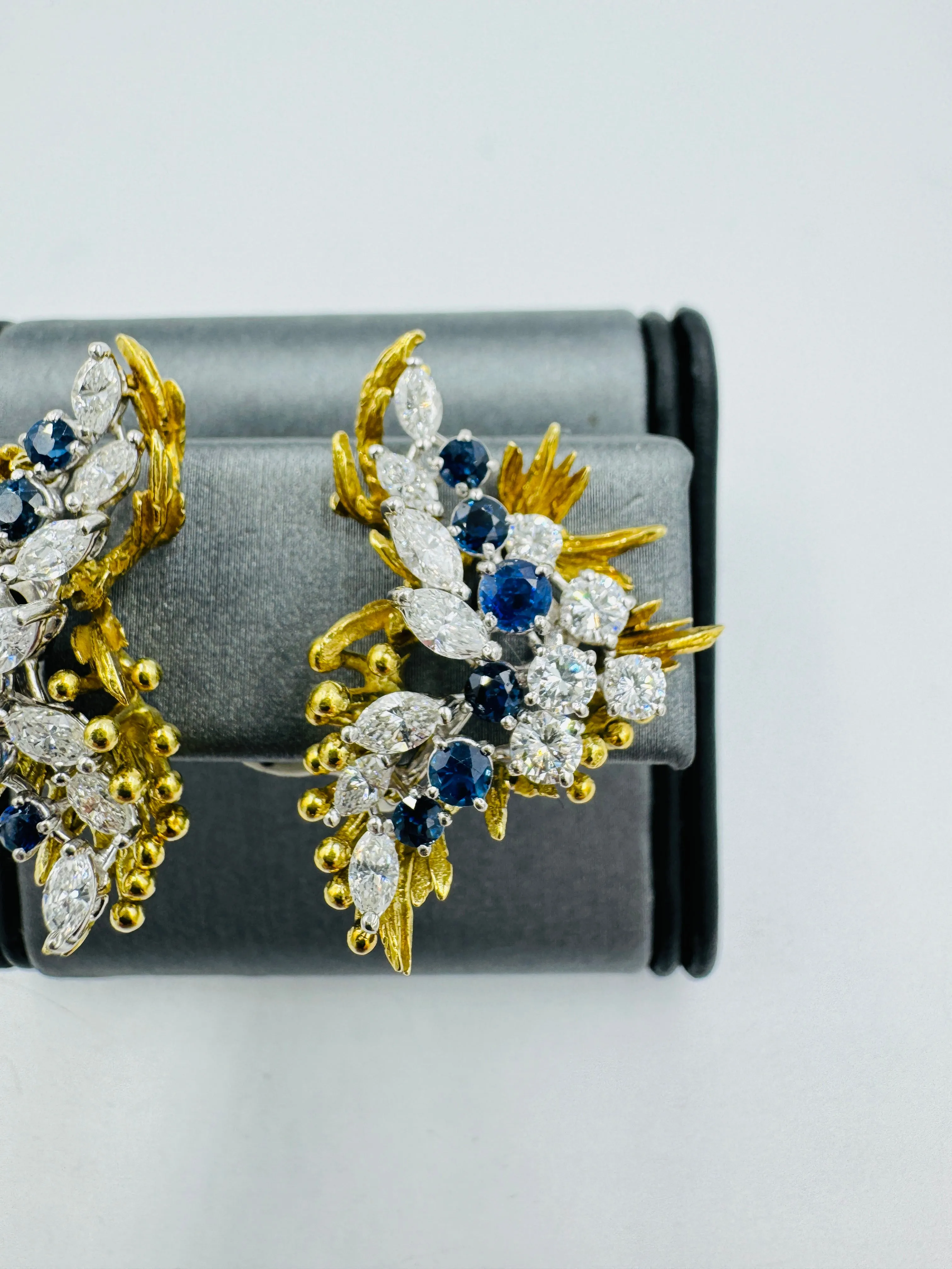 1970s Sapphire Diamond Clip On Yellow Gold Platinum Earrings