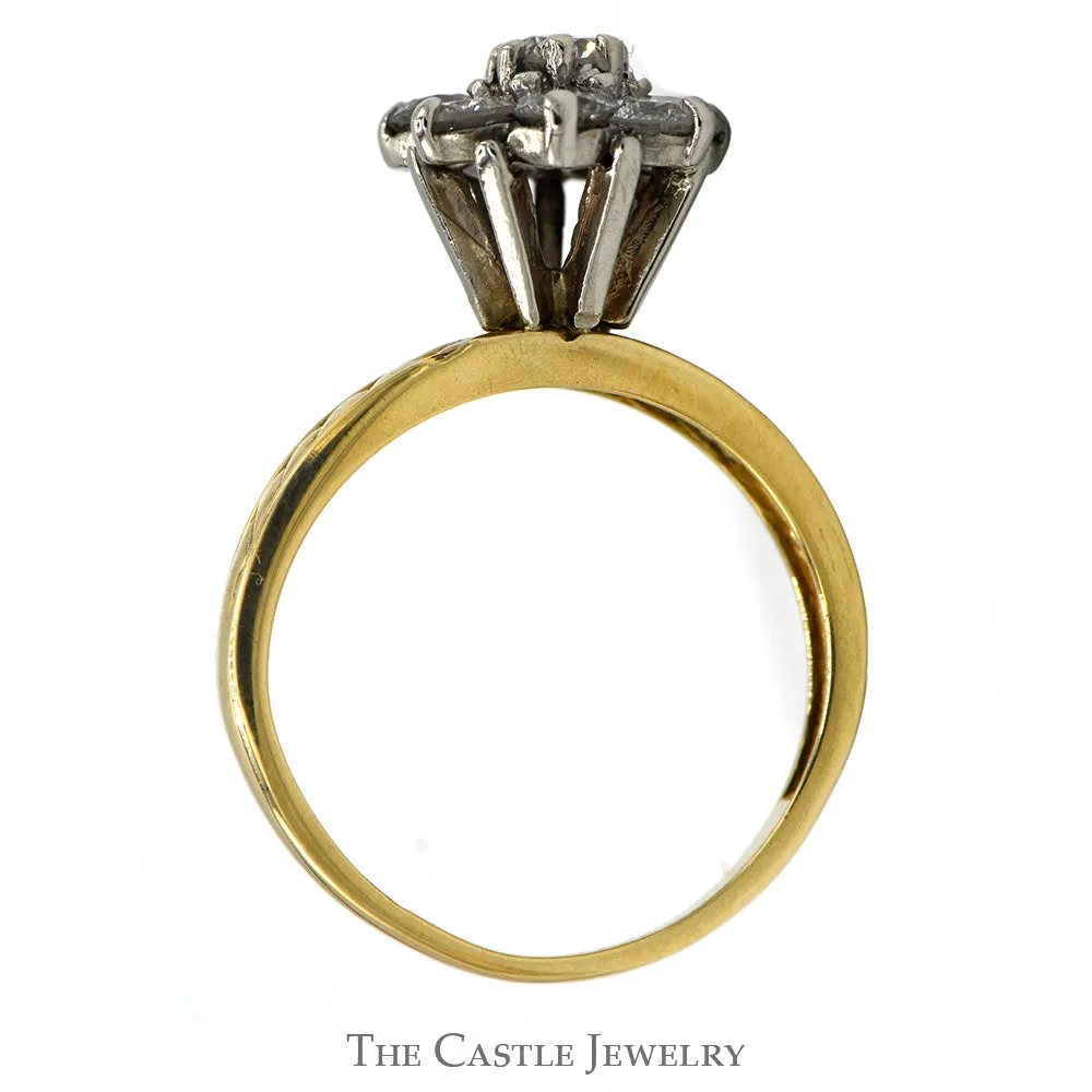 1cttw Diamond Flower Cluster Ring with Diagonally Grooved Sides in 10k Yellow Gold