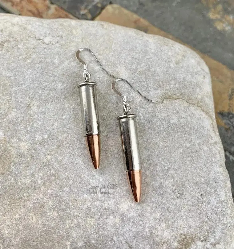 22 Caliber Bullet Dangle Earrings in Nickel, Dangle Bullet Earrings, Sterling Silver Earwires, Lightweight, Trendy, Recycled, 22 Long Rifle