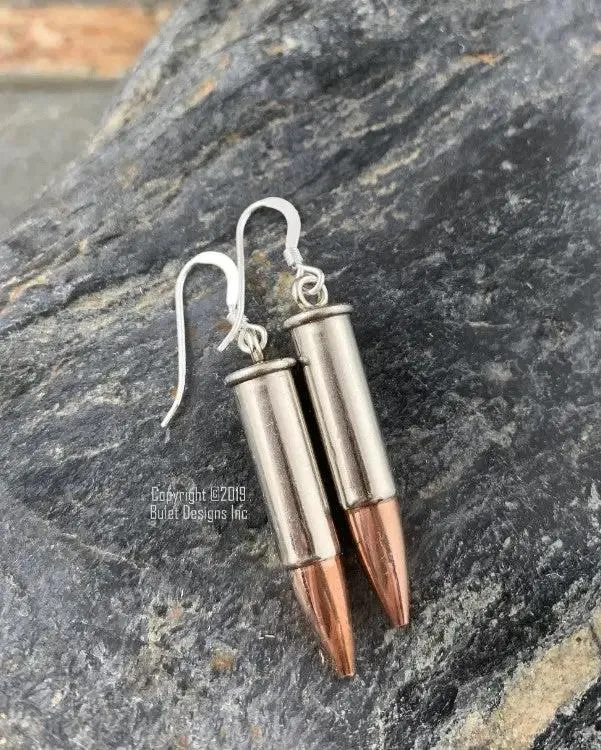 22 Caliber Bullet Dangle Earrings in Nickel, Dangle Bullet Earrings, Sterling Silver Earwires, Lightweight, Trendy, Recycled, 22 Long Rifle