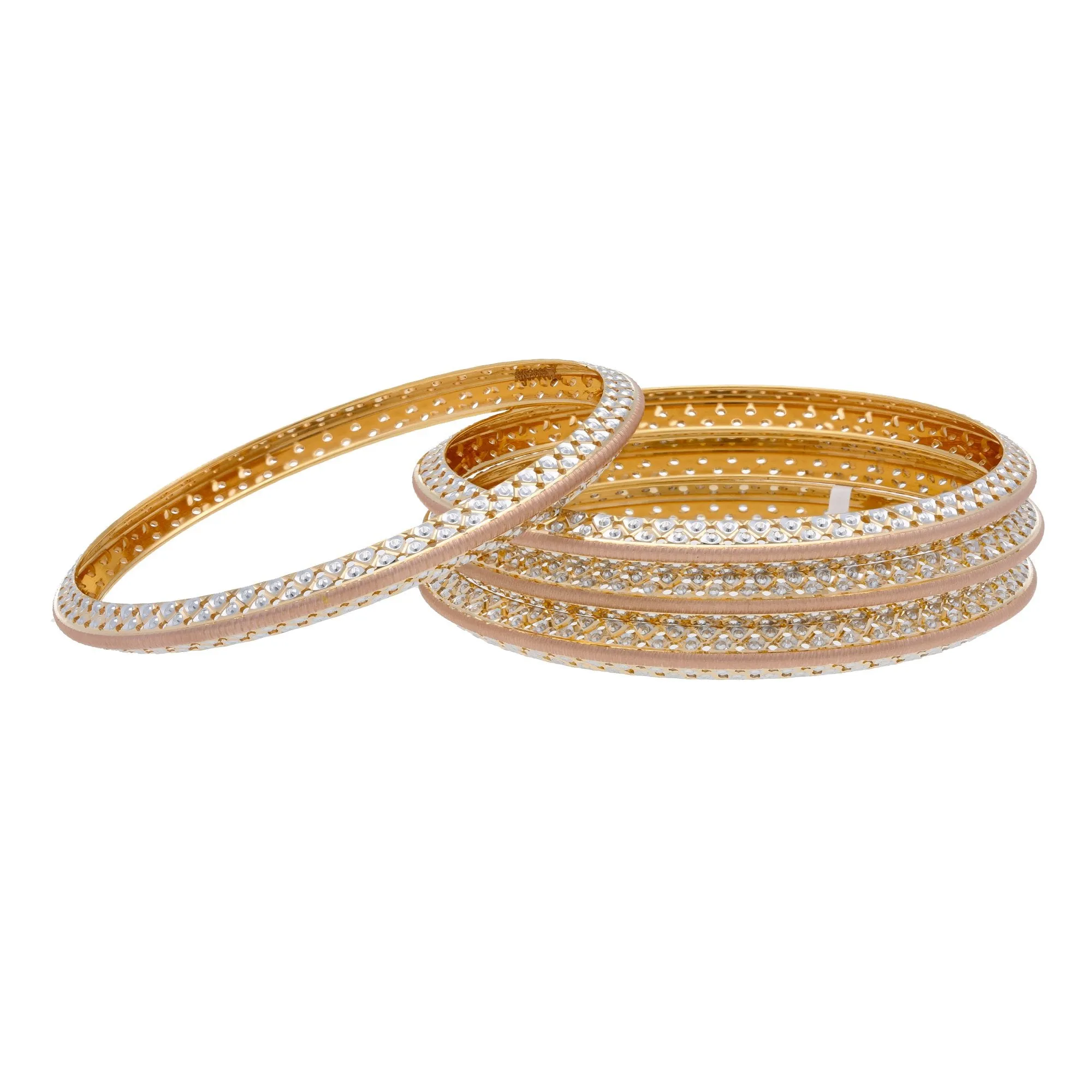 22K Multi Tone Gold Laser Bangles Set of 4 W/ Pointed Dome Band & Diamond Cutting