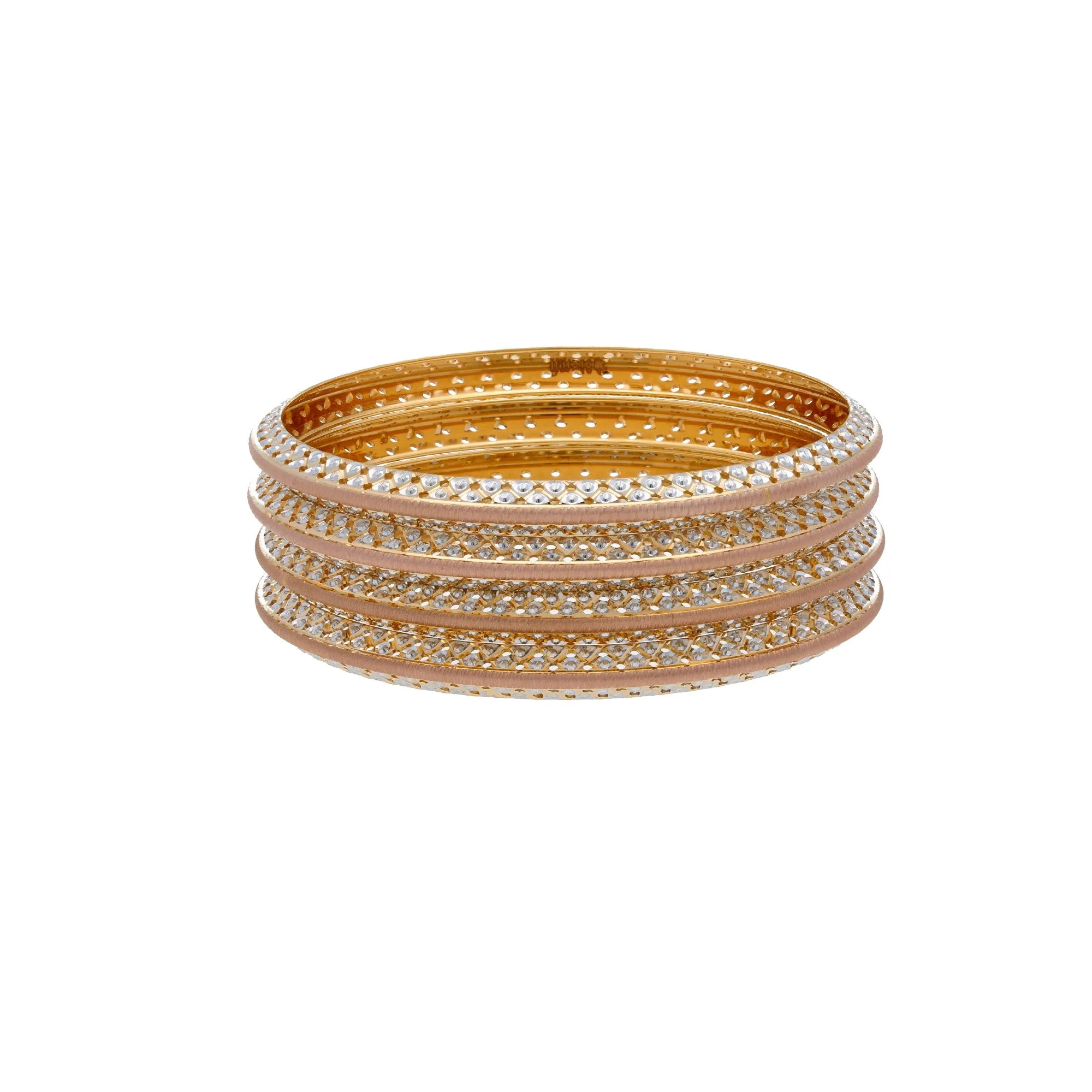 22K Multi Tone Gold Laser Bangles Set of 4 W/ Pointed Dome Band & Diamond Cutting