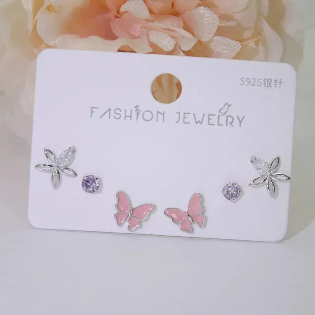 32 Styles 3 Pairs/Set Butterfly Cubic Zirconia Heart Bowknot Stud Earring Set For Women Girls Jewelr