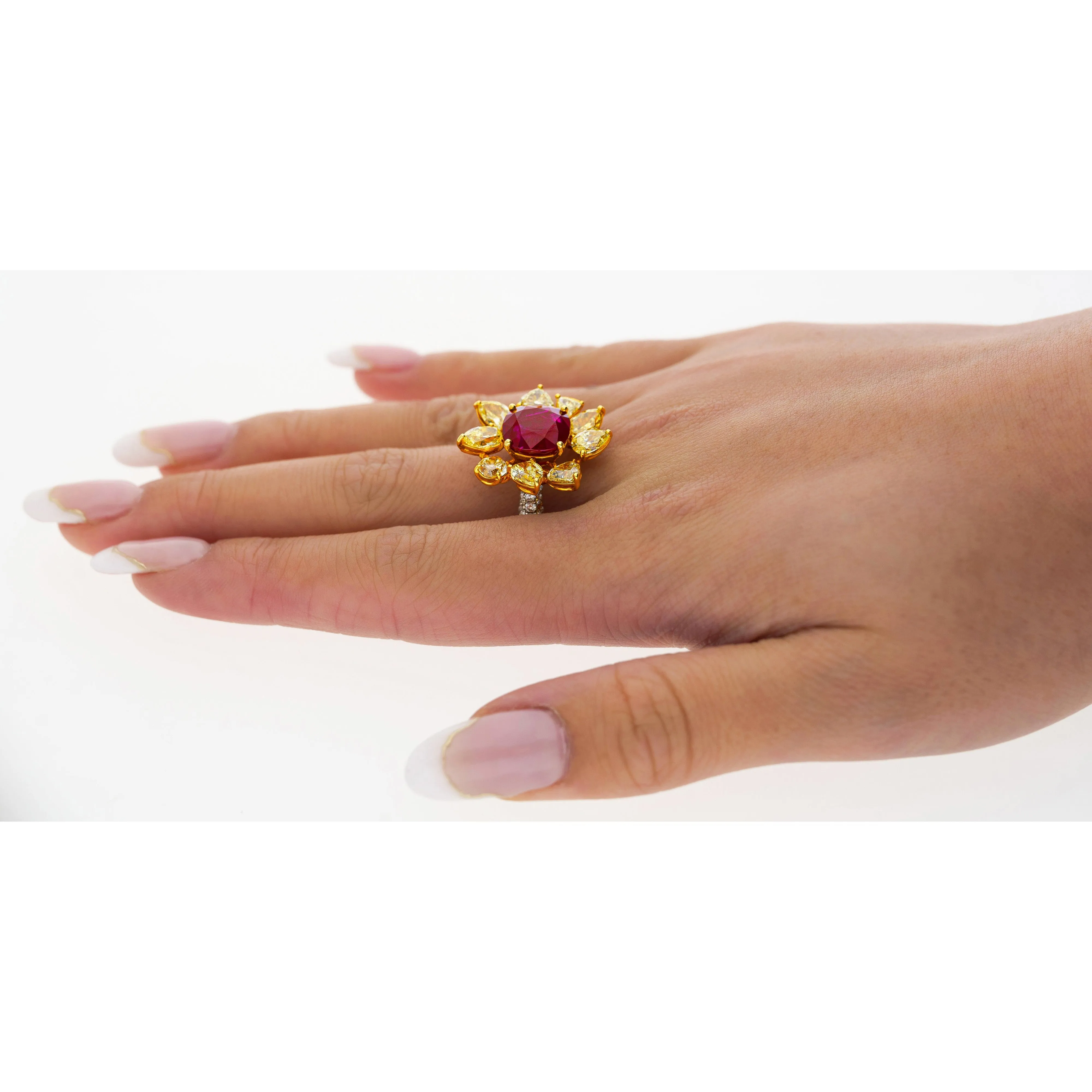 5.46 Carat Burma Ruby No Heat AGL Certified and Fancy Yellow Diamond Ring