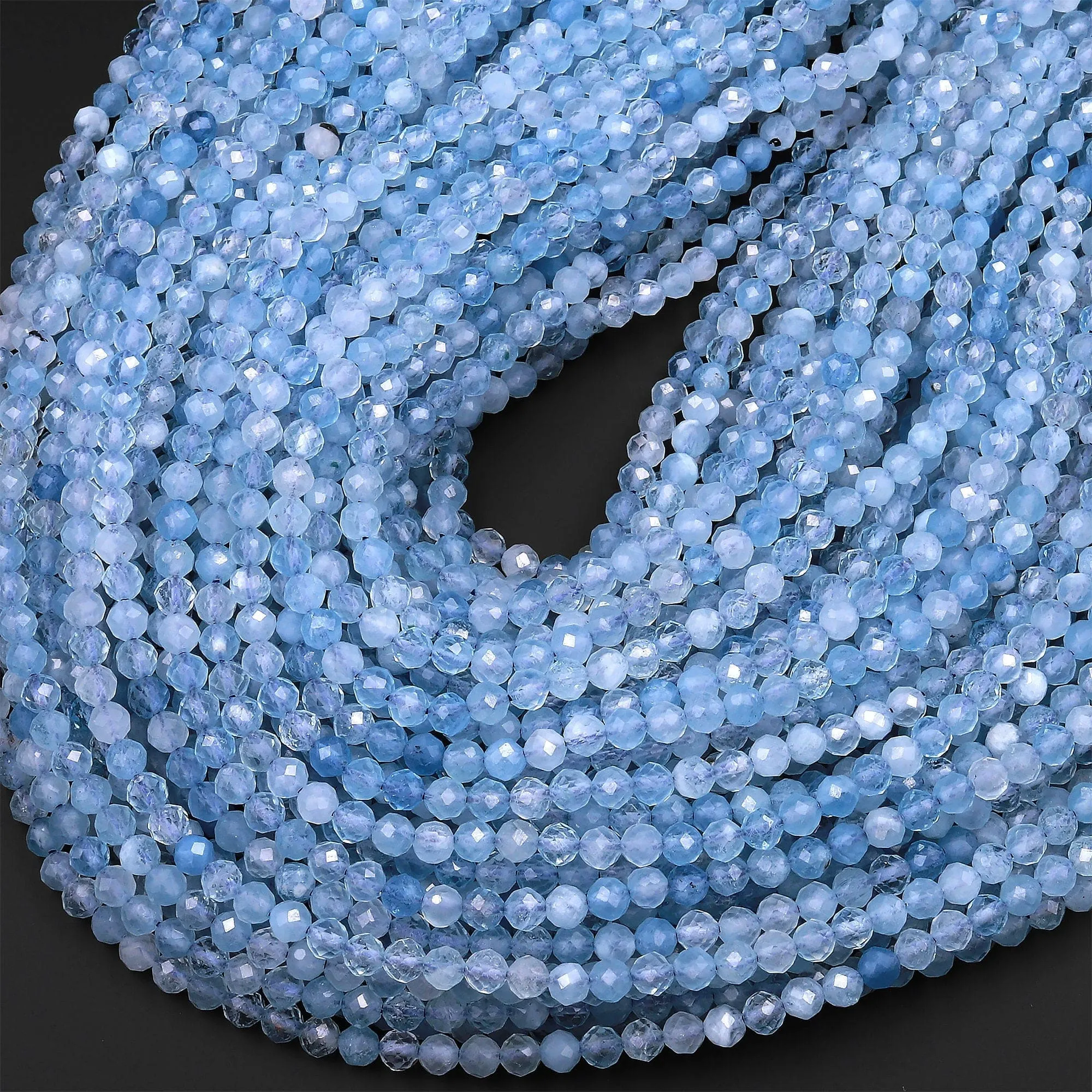 AAA Faceted Natural Blue Aquamarine 2mm 3mm 4mm 5mm 6mm 7mm Round Beads Super Translucent Micro Laser Diamond Cut Gemstone 15.5" Strand