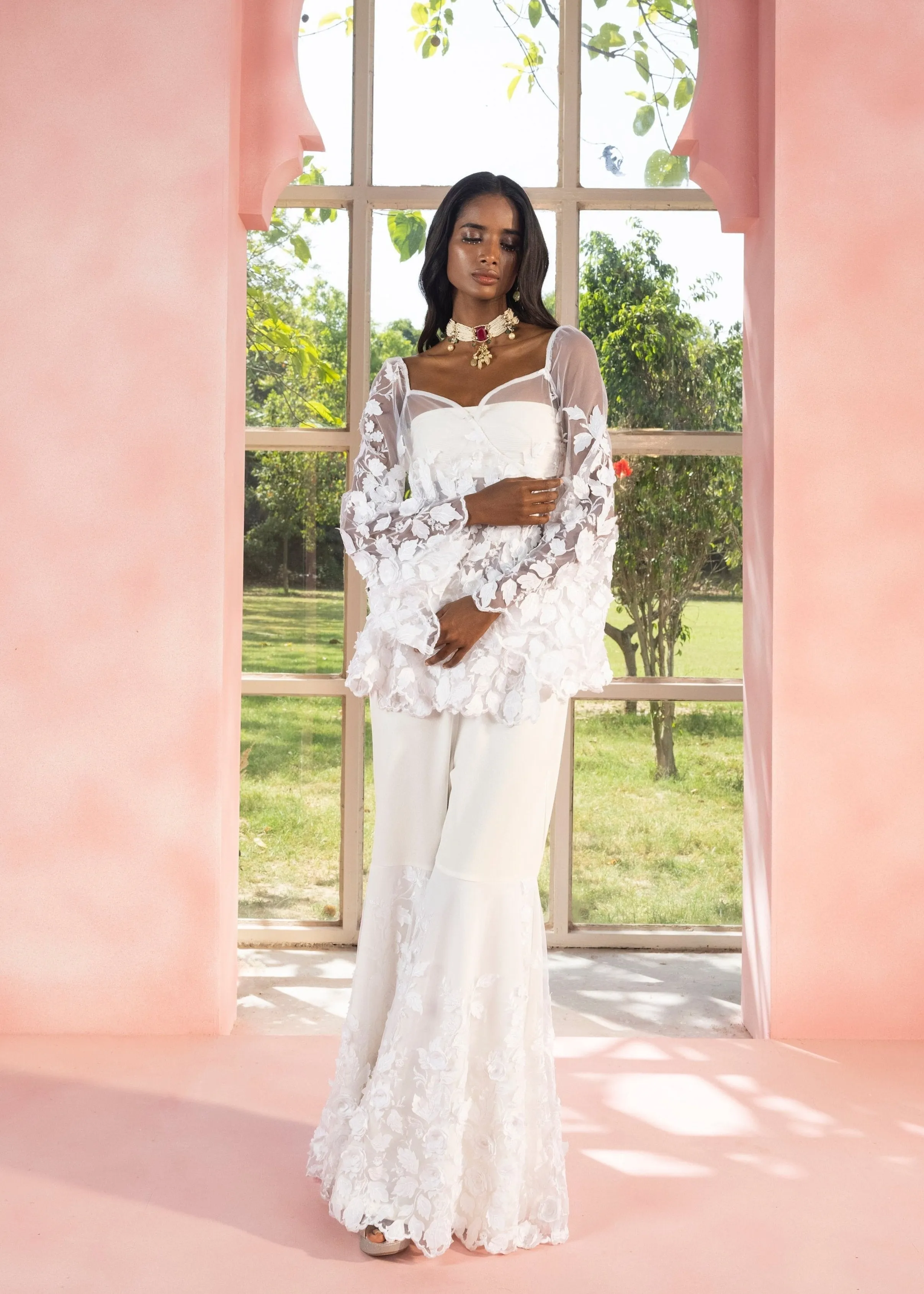 Aasiyah and Allami White 3-D Floral Sharara Set