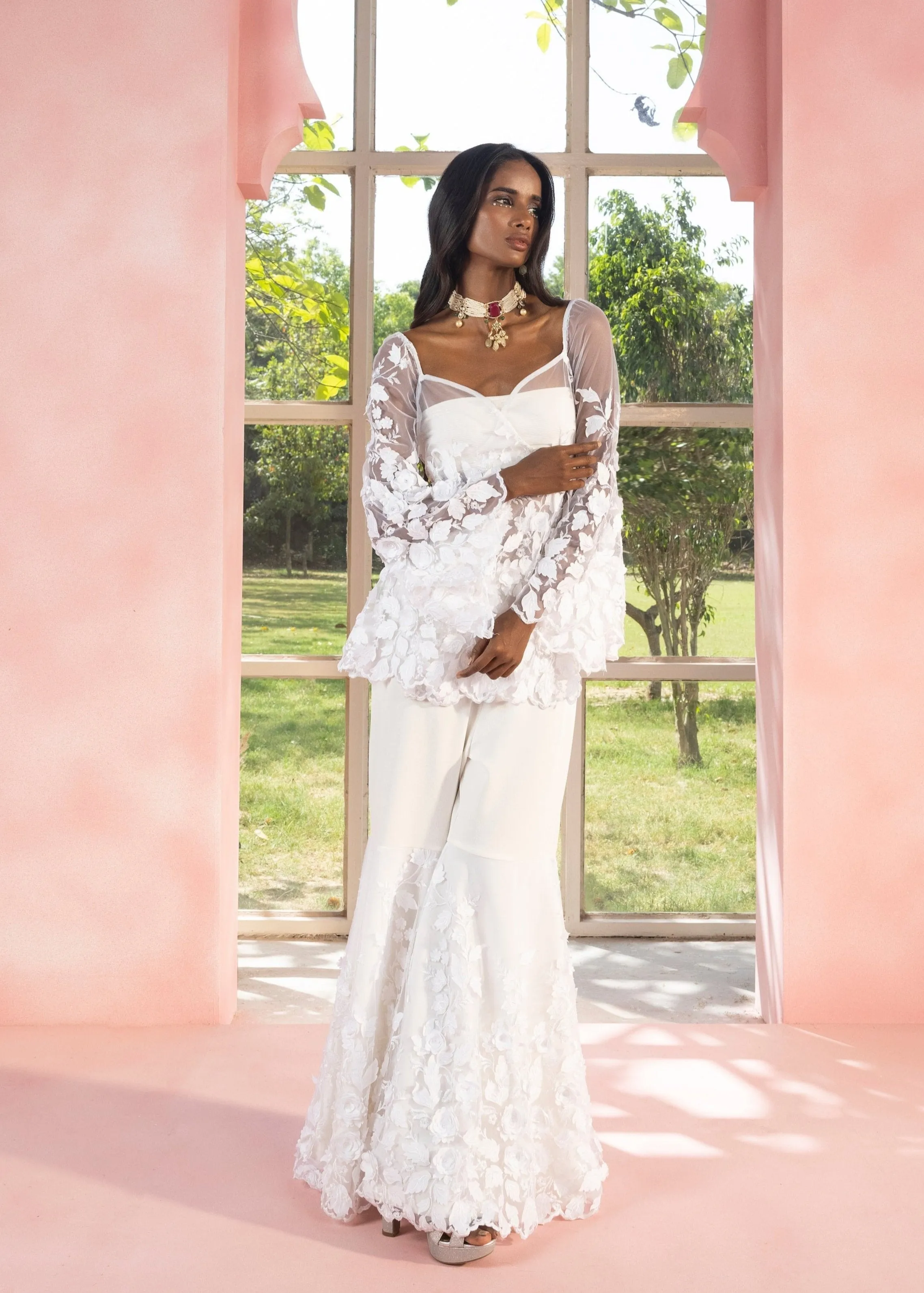 Aasiyah and Allami White 3-D Floral Sharara Set