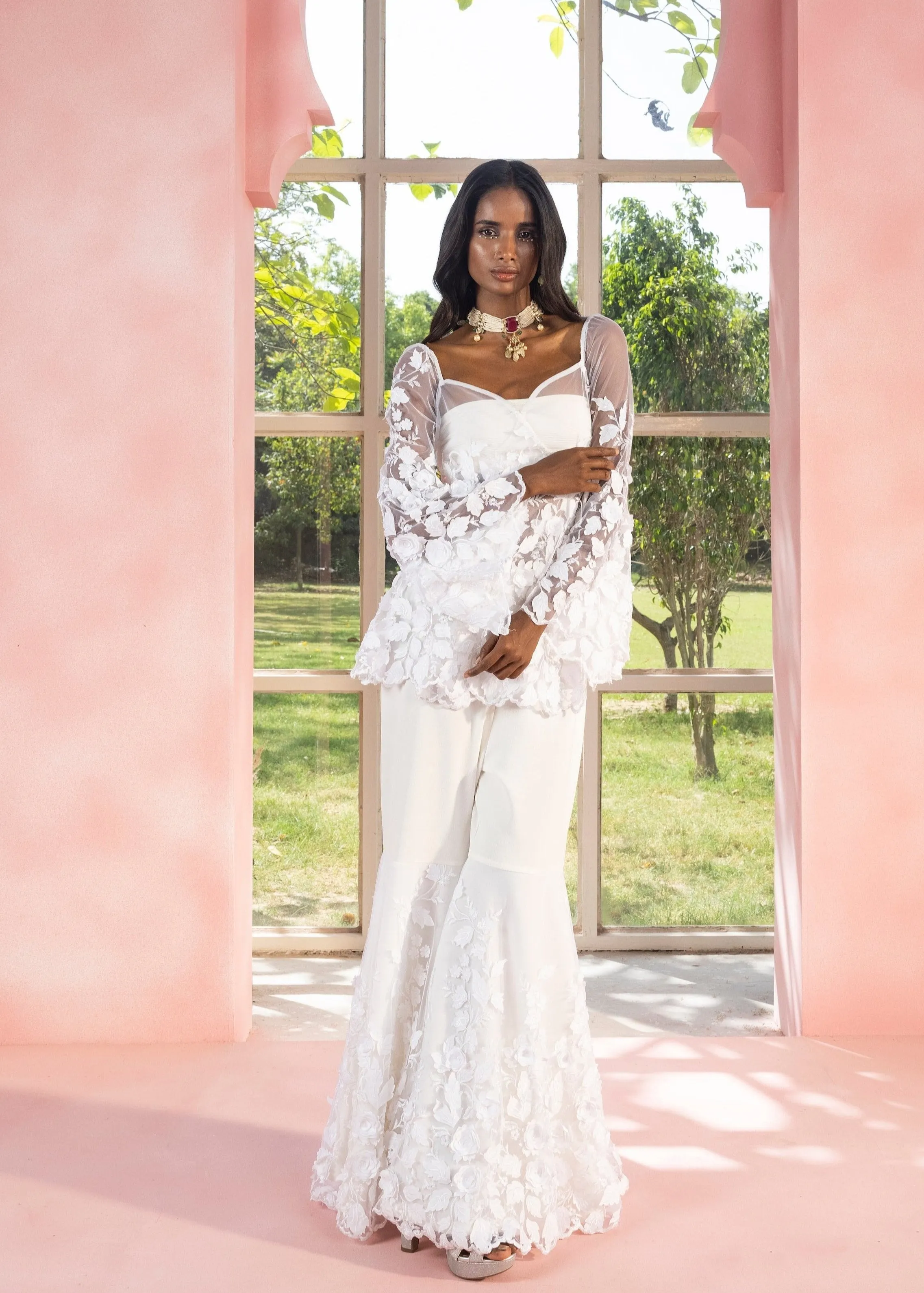 Aasiyah and Allami White 3-D Floral Sharara Set