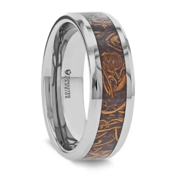 ABBA Polished Tungsten Wedding Band with Sanskrit Stone Inlay Polished Edges - 8mm