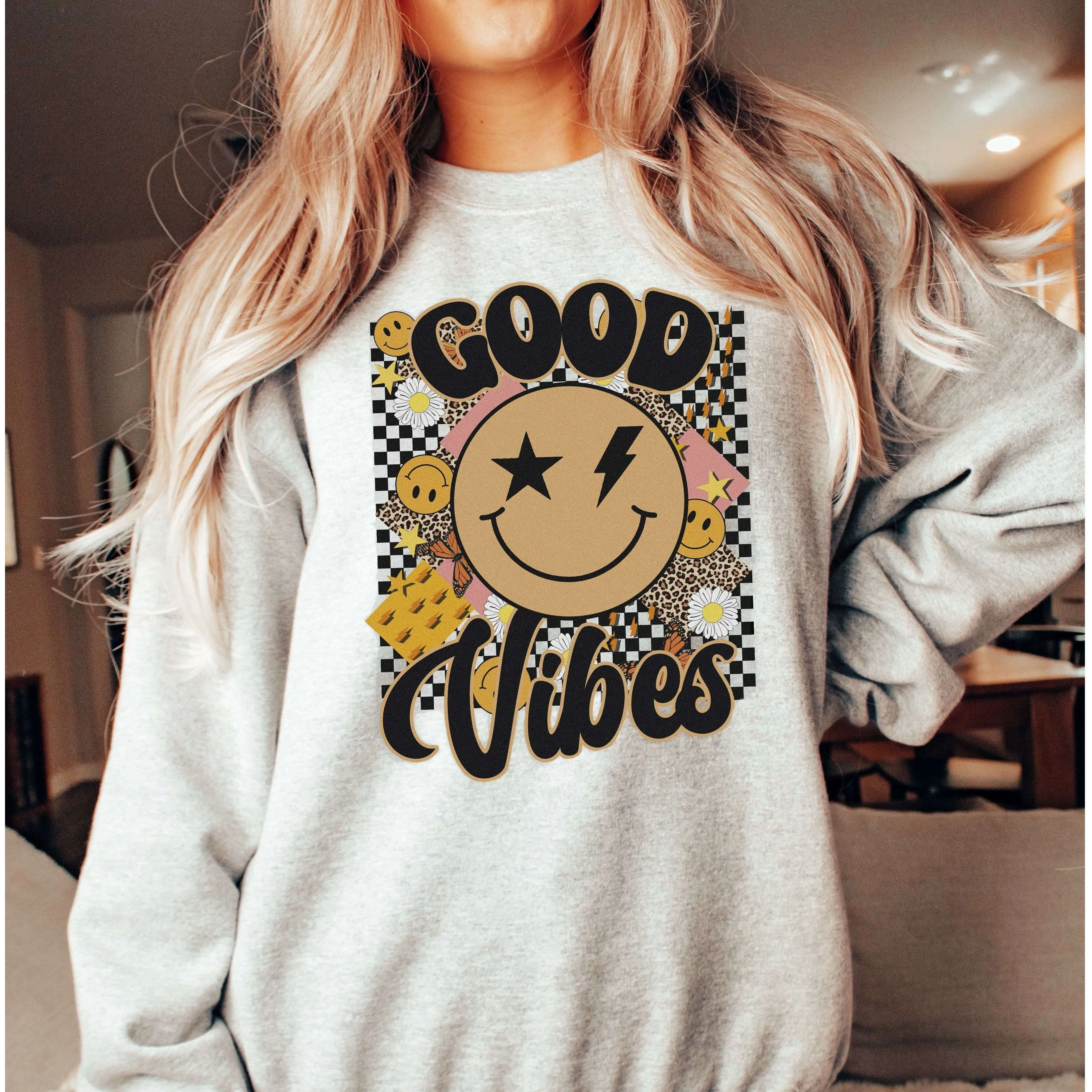 Adult's Good Vibes Retro Printed Sweatshirt