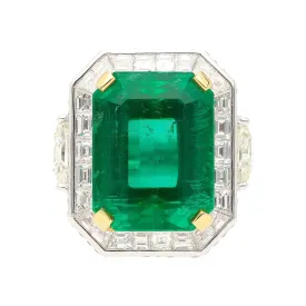 AGL Certified 15.78 Carat No Oil Emerald and Half Moon Cut Diamond Ring