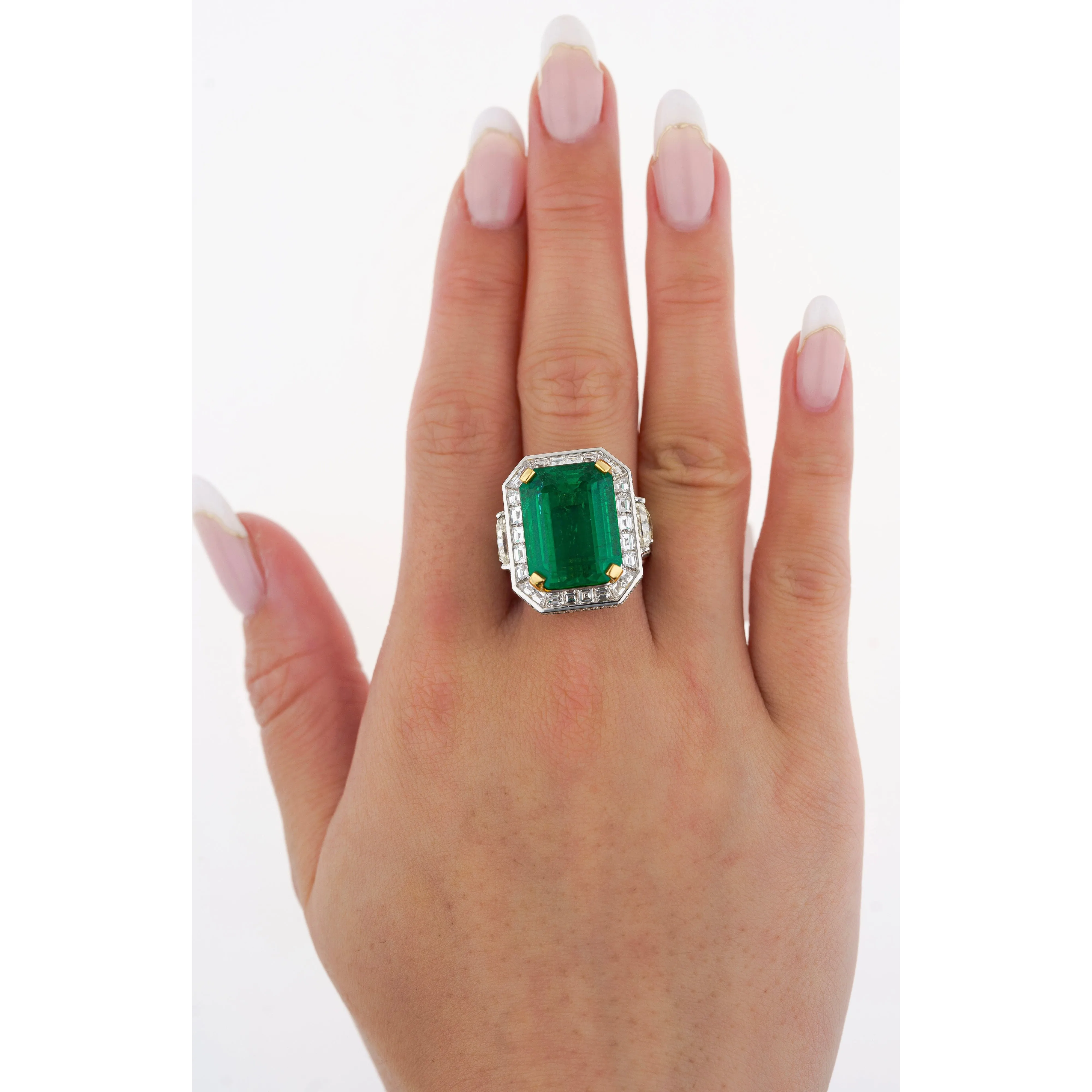 AGL Certified 15.78 Carat No Oil Emerald and Half Moon Cut Diamond Ring