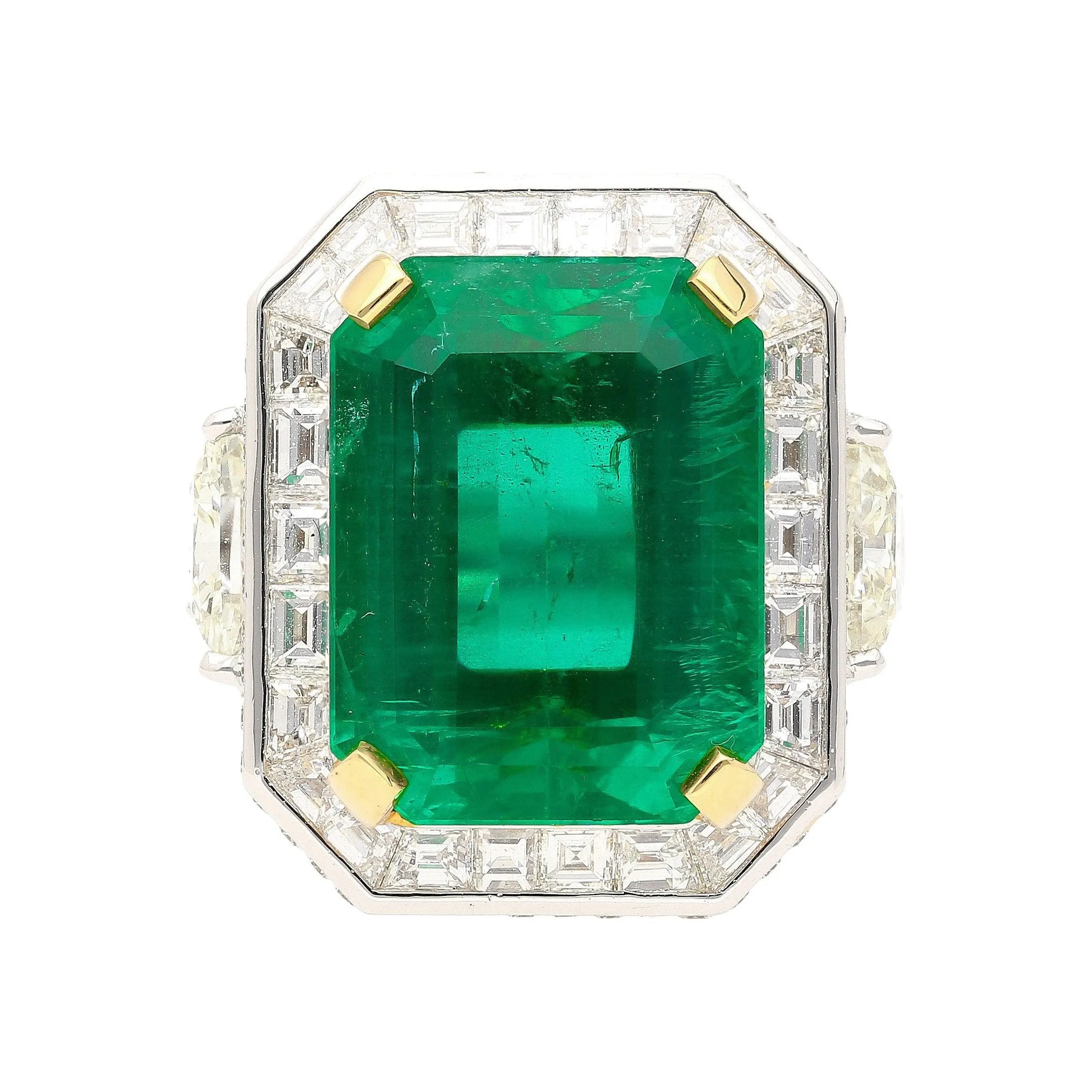 AGL Certified 15.78 Carat No Oil Emerald and Half Moon Cut Diamond Ring