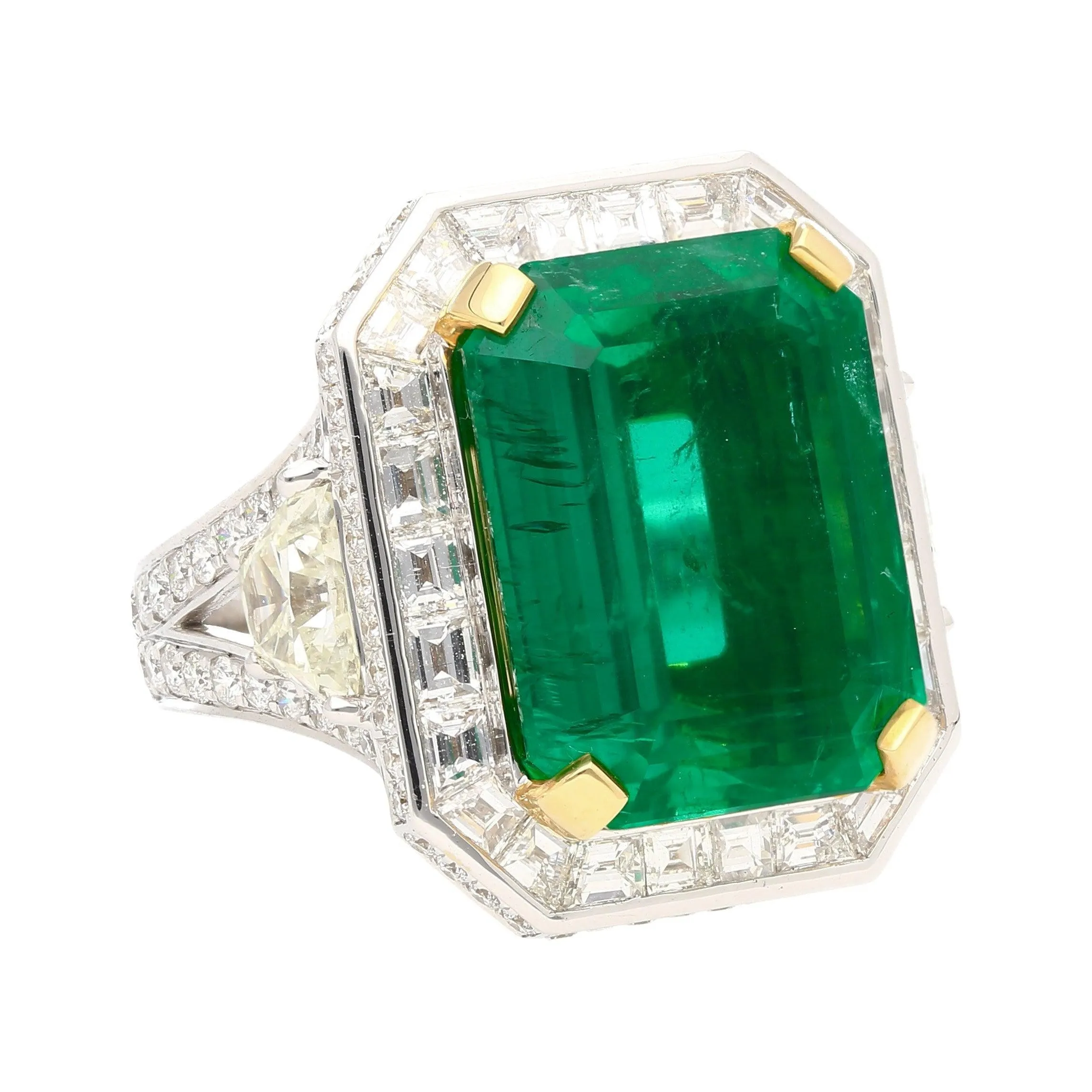 AGL Certified 15.78 Carat No Oil Emerald and Half Moon Cut Diamond Ring