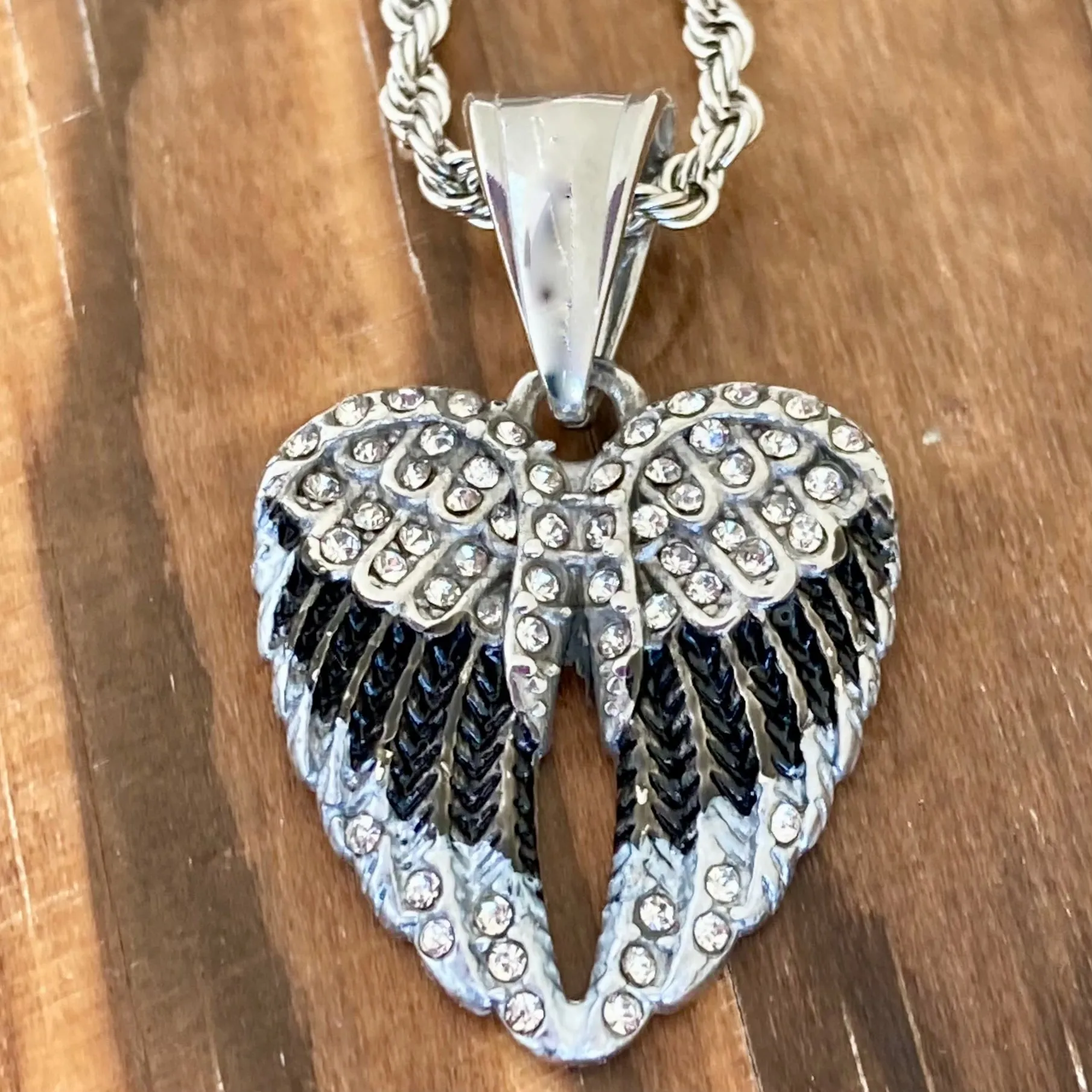 Angel Wing Heart Mini - Pendant - Rope Necklace - Black w/White Stones - SK2537C