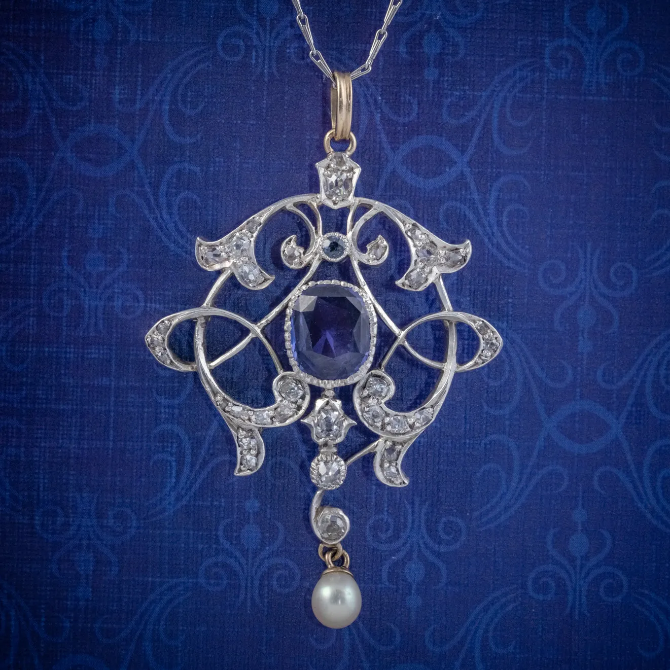 Antique Edwardian 3.25Ct Sapphire Diamond Pendant Necklace Platinum 18Ct Gold Circa 1905