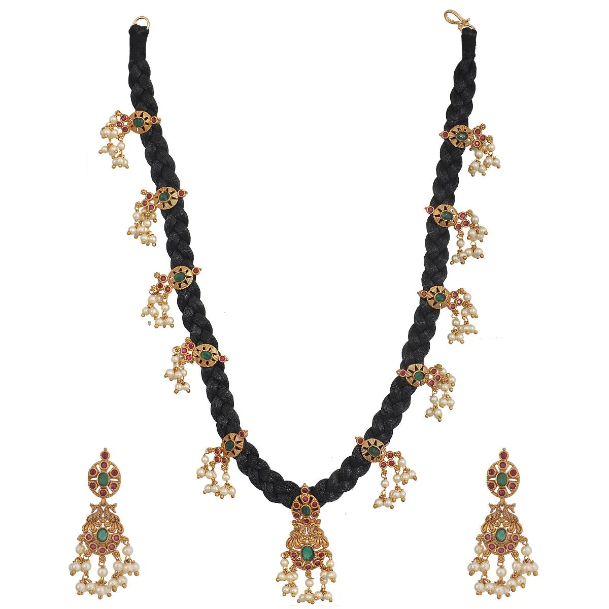 Antique Gold Plated Lalita CZ Pendant Dori Necklace Earrings Set