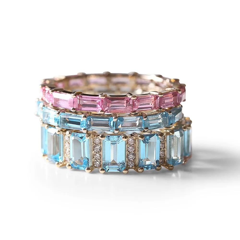 AQUAMARINE AND DIAMOND EMERALD CUT ETERNITY BAND