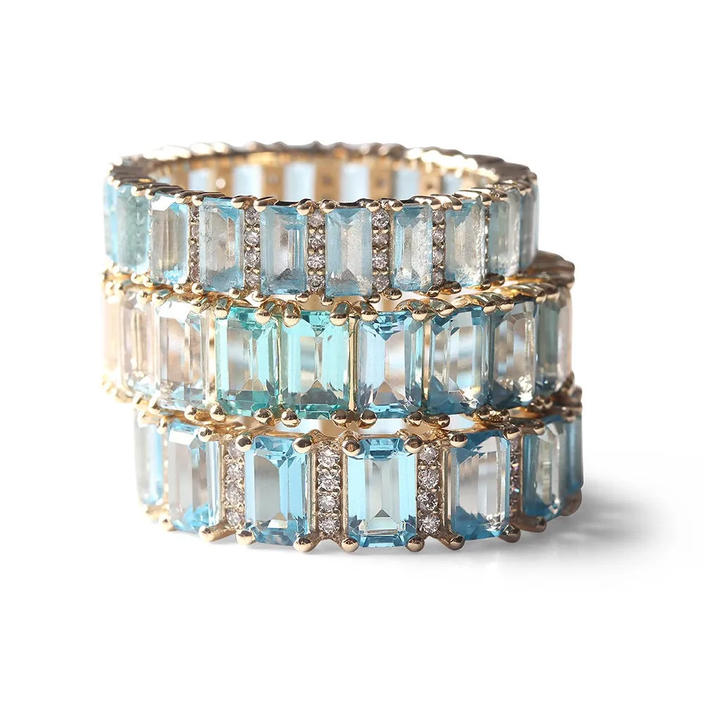 AQUAMARINE AND DIAMOND EMERALD CUT ETERNITY BAND