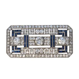 Art Deco 5ct Diamond & Sapphire Platinum French Brooch