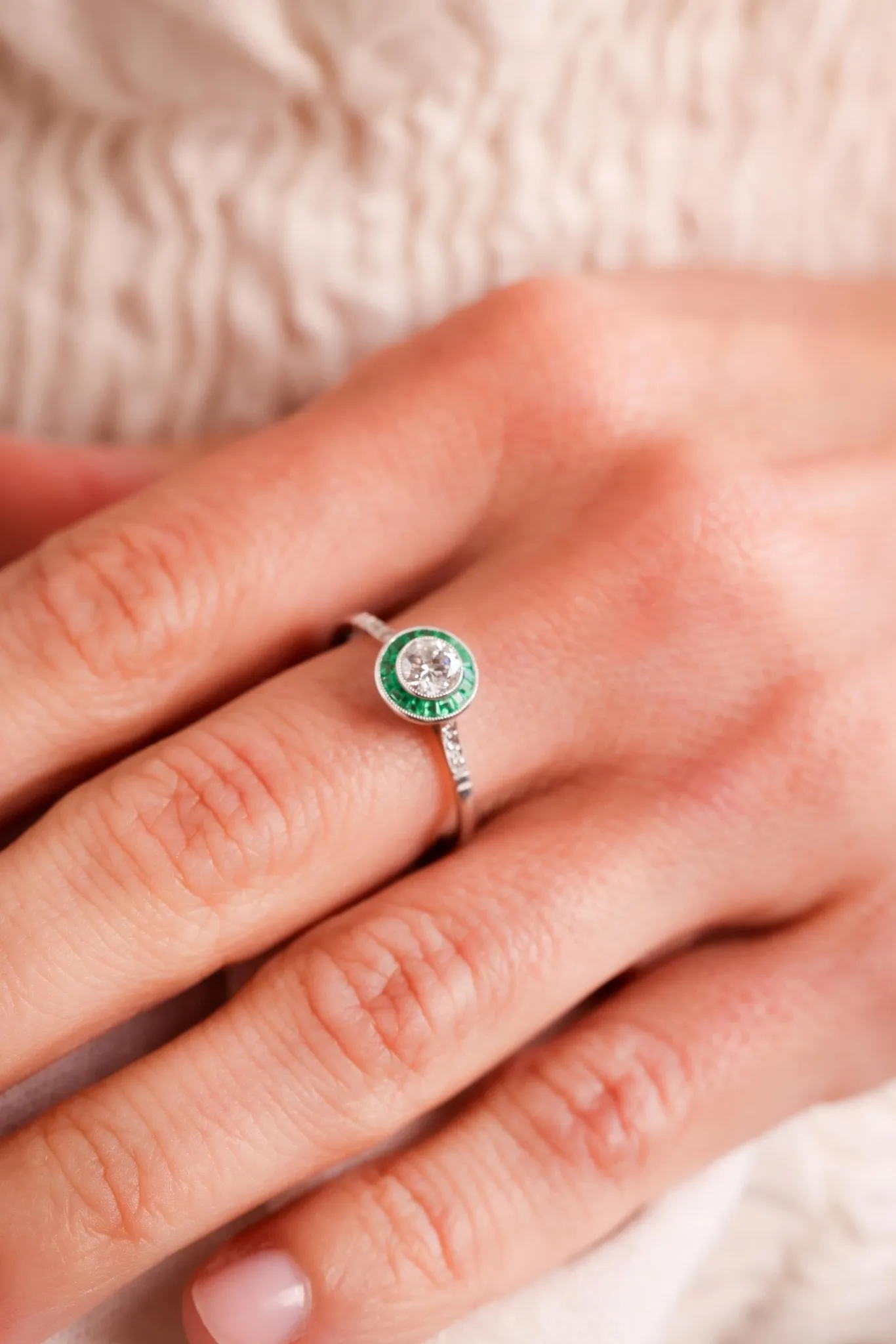 Art Deco Inspired Diamond Emerald Platinum Engagement Ring