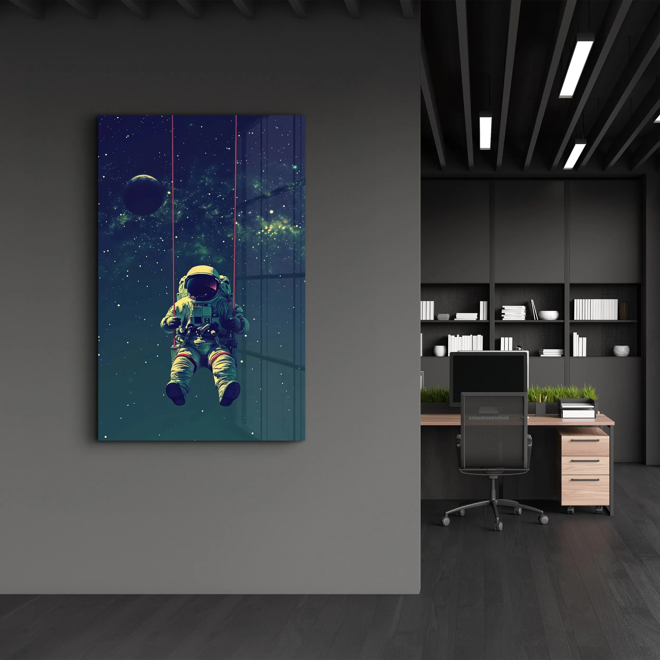 Astronaut on Swing - Designers Collection Glass Wall Art