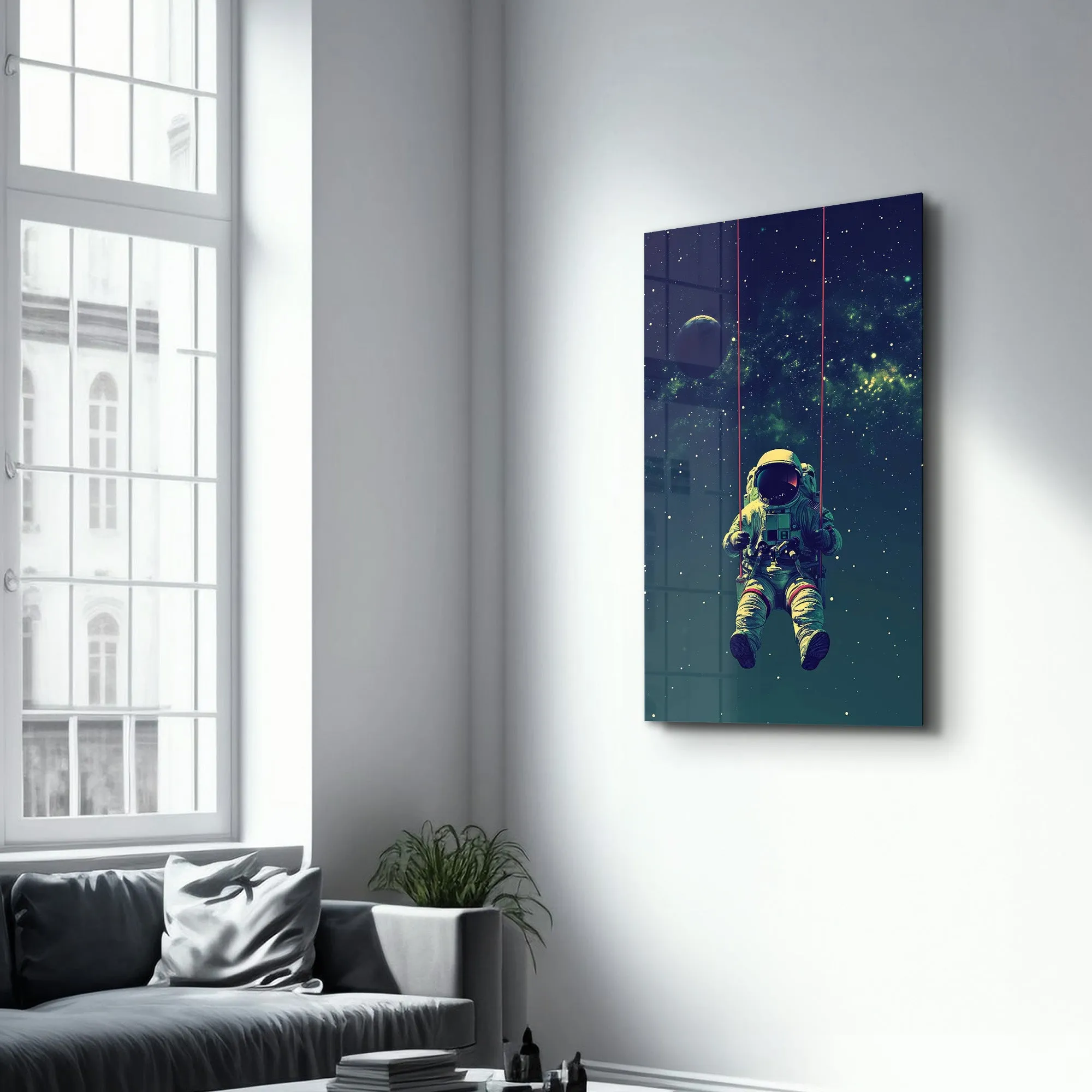 Astronaut on Swing - Designers Collection Glass Wall Art