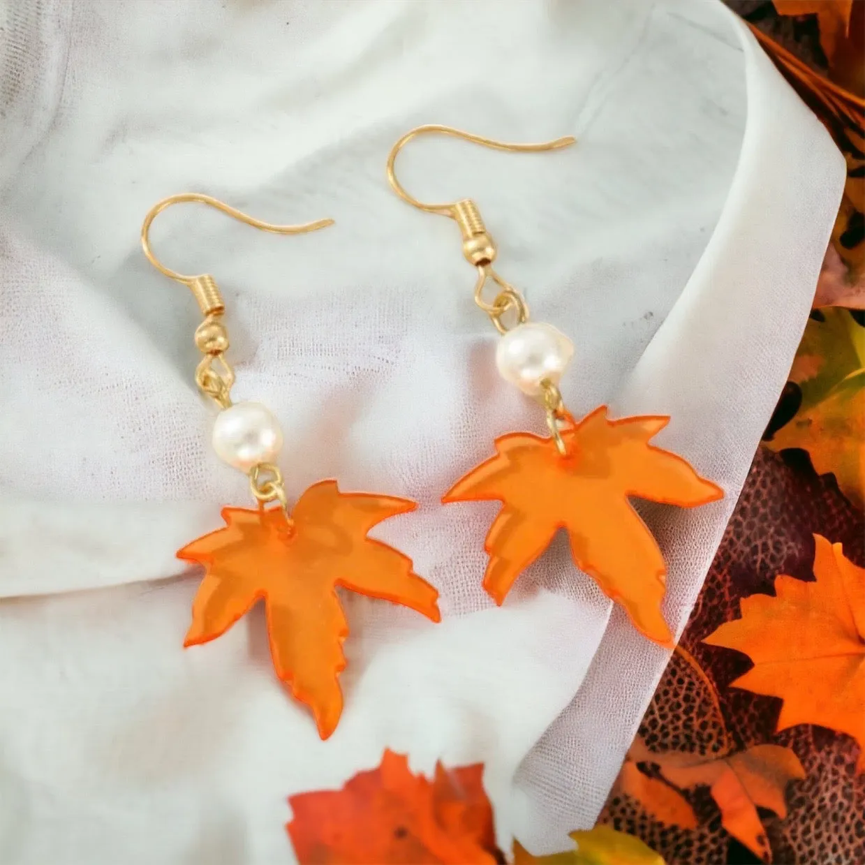 Autumn Maple Leaf Earrings - Fall, Handmade Jewelry, Gold Leaf, Halloween, Orange, Faux Pearls, Handmade Earrings, Appreciation Gift