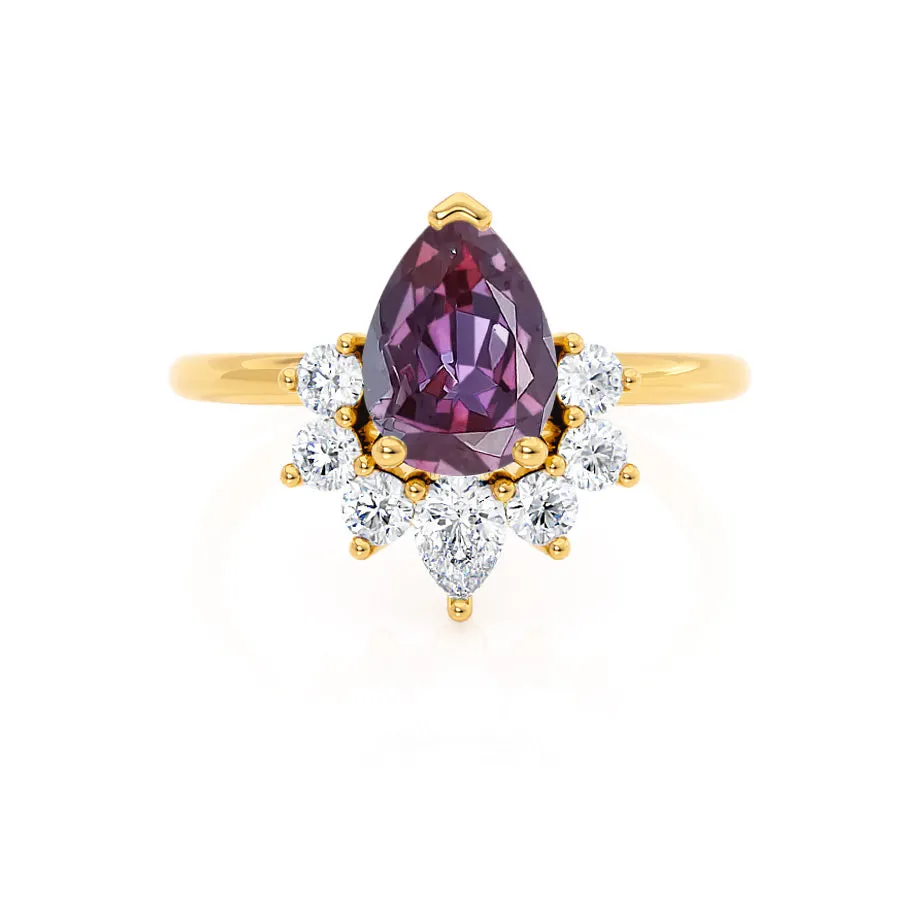 BALLET - Chatham® Pear Alexandrite & Diamond Half Halo Tiara Ring 18k Yellow Gold