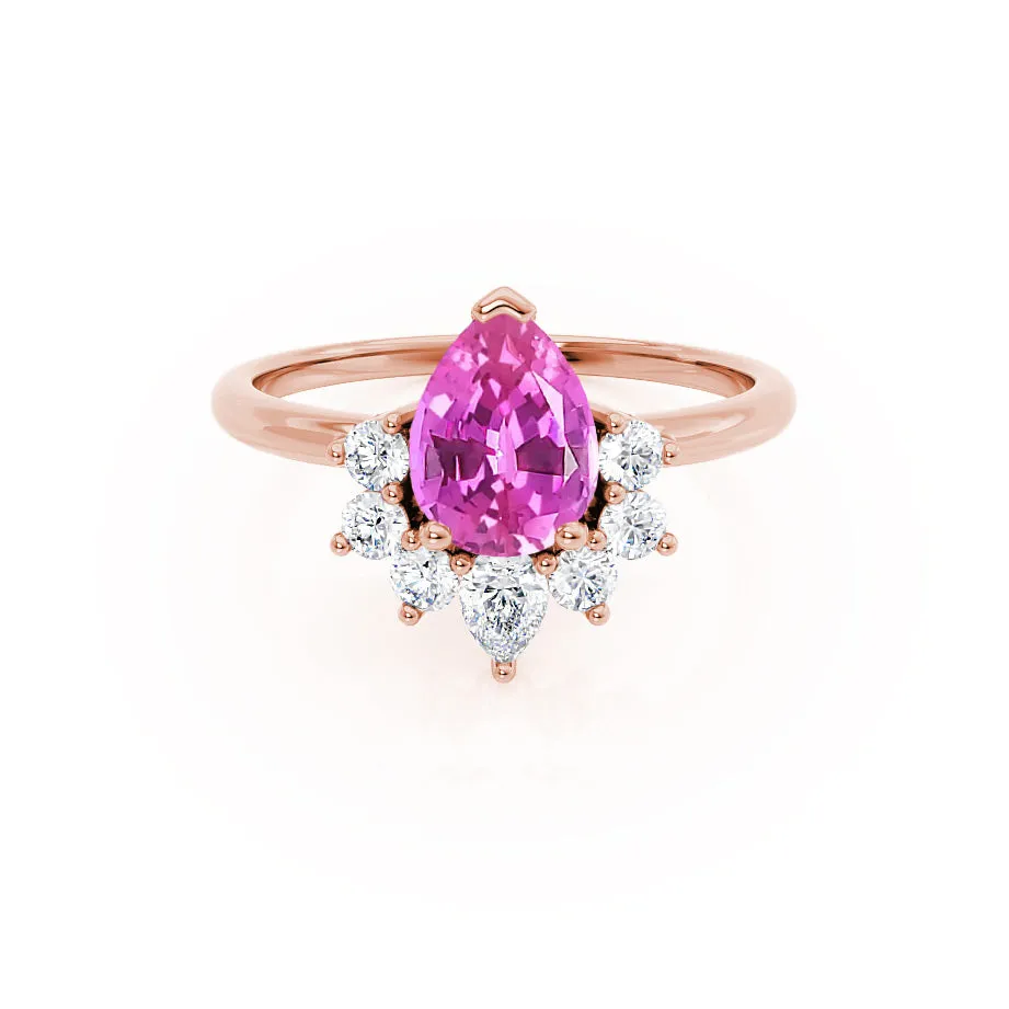 BALLET - Chatham® Pear Pink Sapphire & Diamond Half Halo Tiara Ring 18k Rose Gold