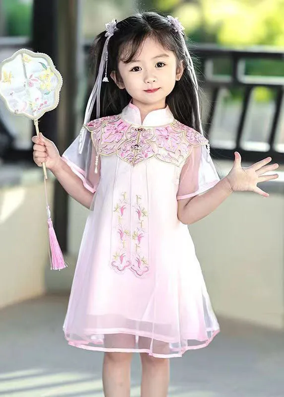 Beautiful Pink Stand Collar Embroideried Tulle Girls Holiday Tulle Maxi Dress Summer MN026