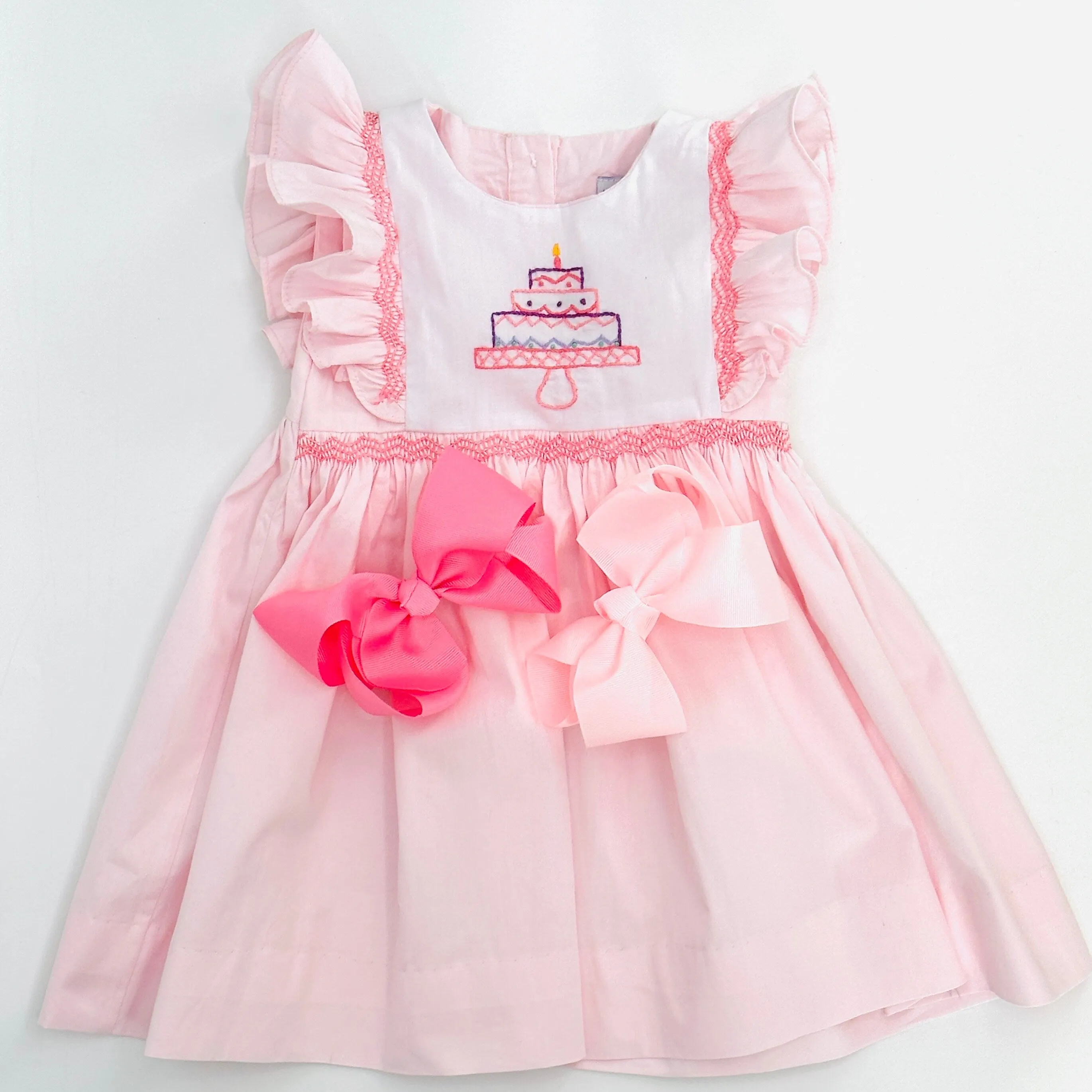 Birthday Smocked Avignon Dress - Embroidered Cake on Pink!