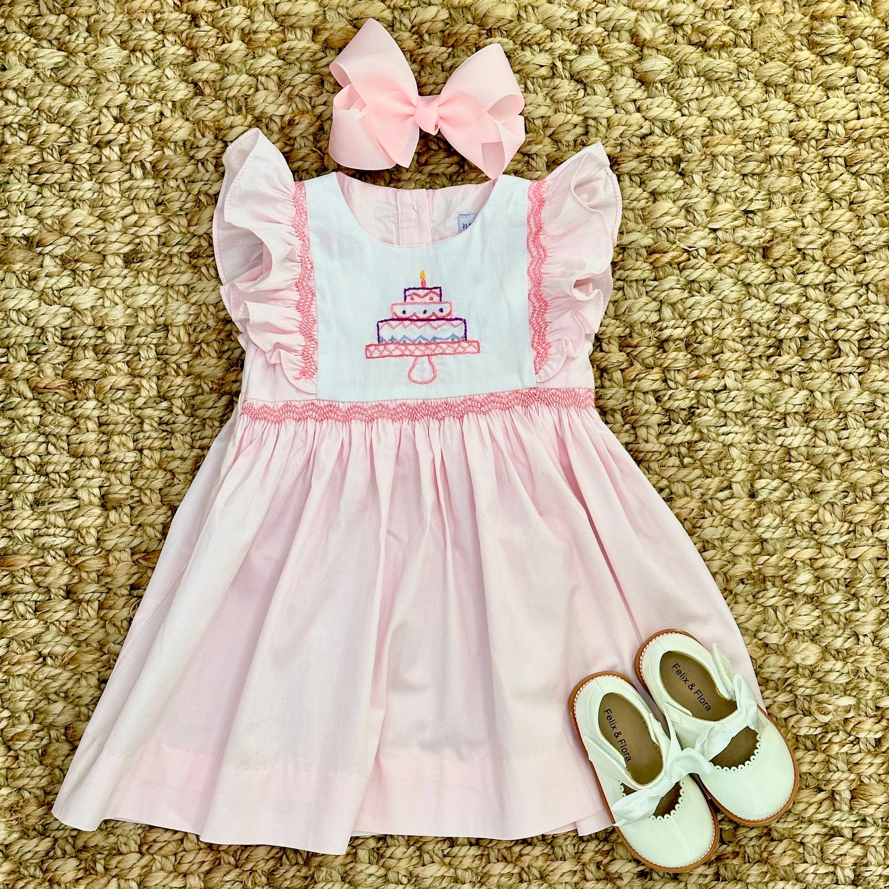 Birthday Smocked Avignon Dress - Embroidered Cake on Pink!