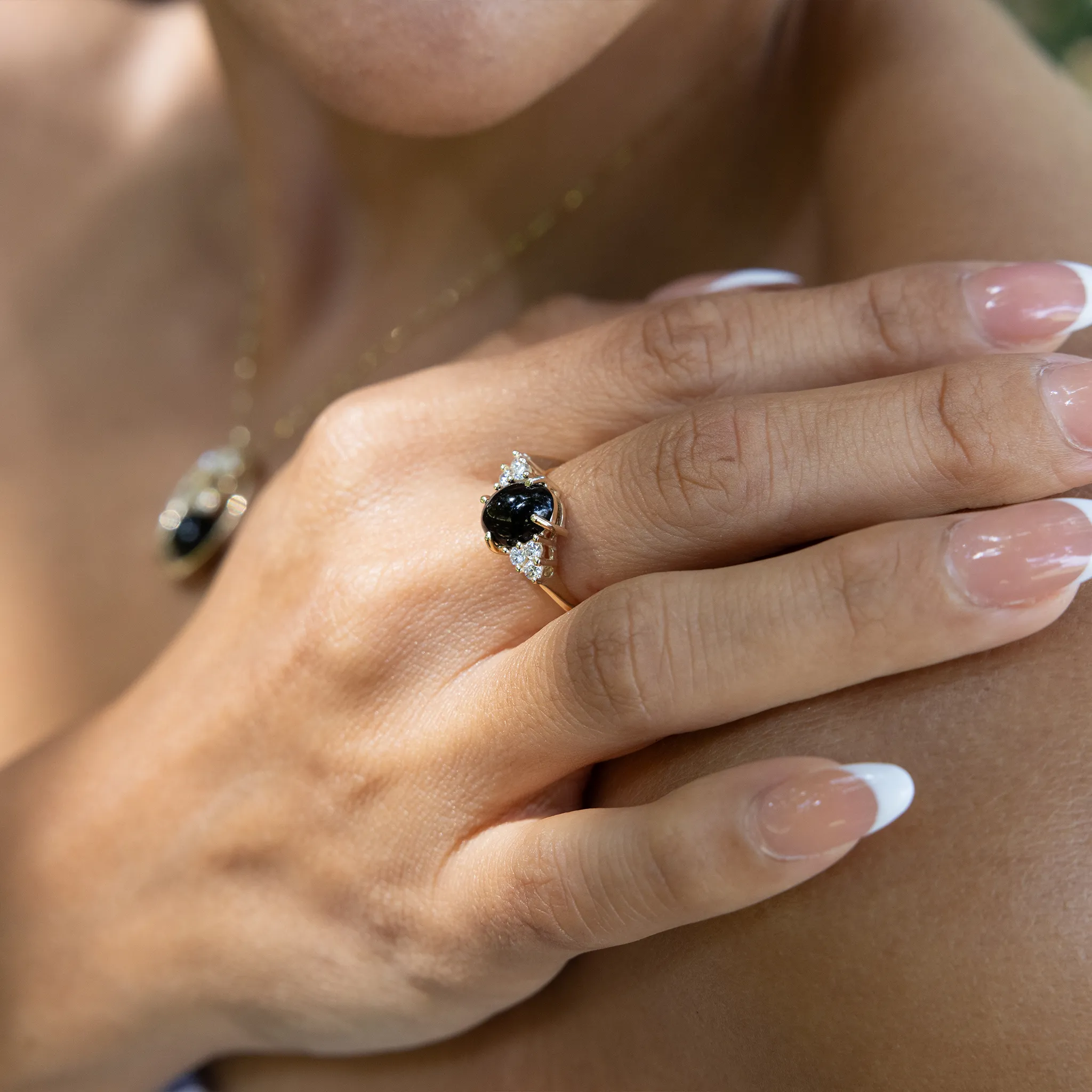 Black Coral Ring in Gold with Diamonds