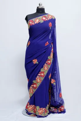 Blue Colour Kashmiri Aari Work Embroidery Saree Enriched Running Border Gives Rich Look.