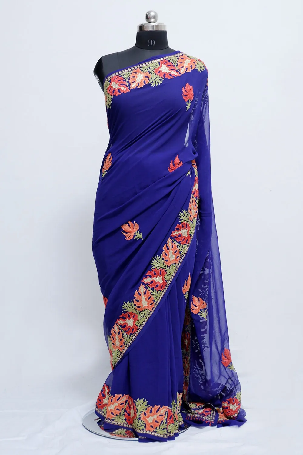 Blue Colour Kashmiri Aari Work Embroidery Saree Enriched Running Border Gives Rich Look.