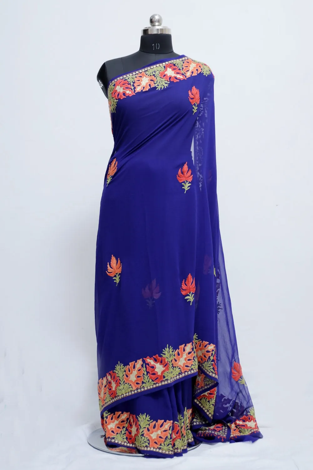 Blue Colour Kashmiri Aari Work Embroidery Saree Enriched Running Border Gives Rich Look.