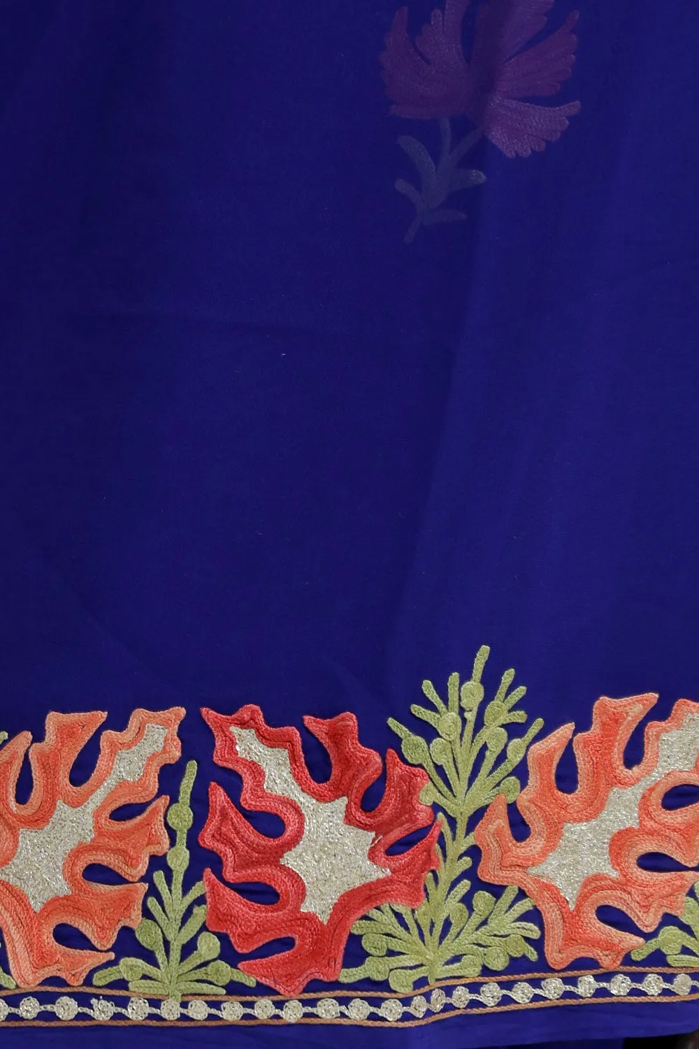 Blue Colour Kashmiri Aari Work Embroidery Saree Enriched Running Border Gives Rich Look.