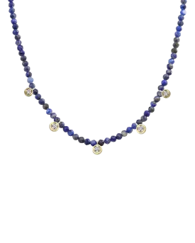 Blue Lapis Gemstone & Five diamonds Necklace - 14K Yellow Gold