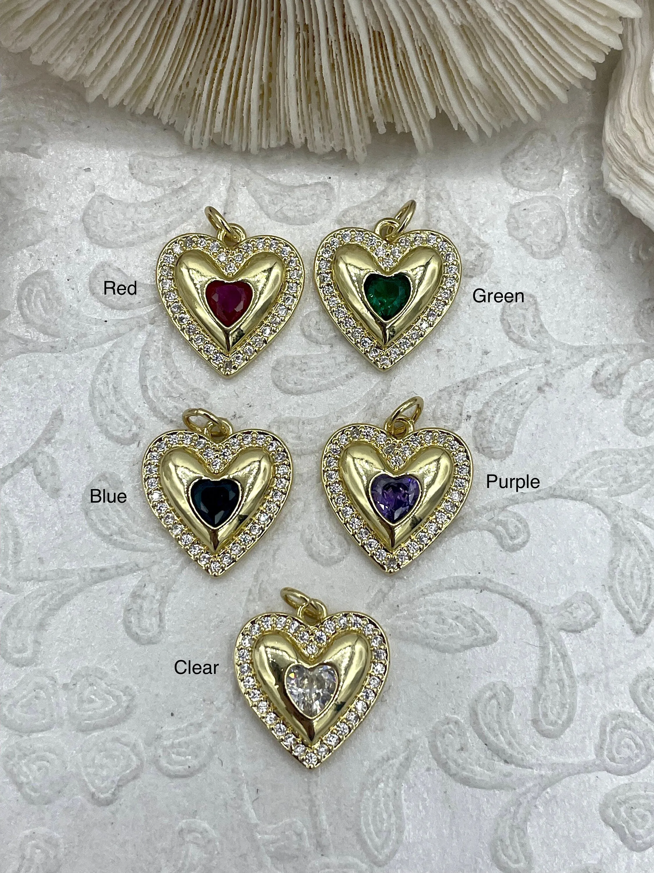 Brass Heart Charms with Colorful CZ, 5 styles, Gold Plated Brass, Brass, Clear CZ and Colorful CZ Heart Pendants, 16mm. Fast Ship