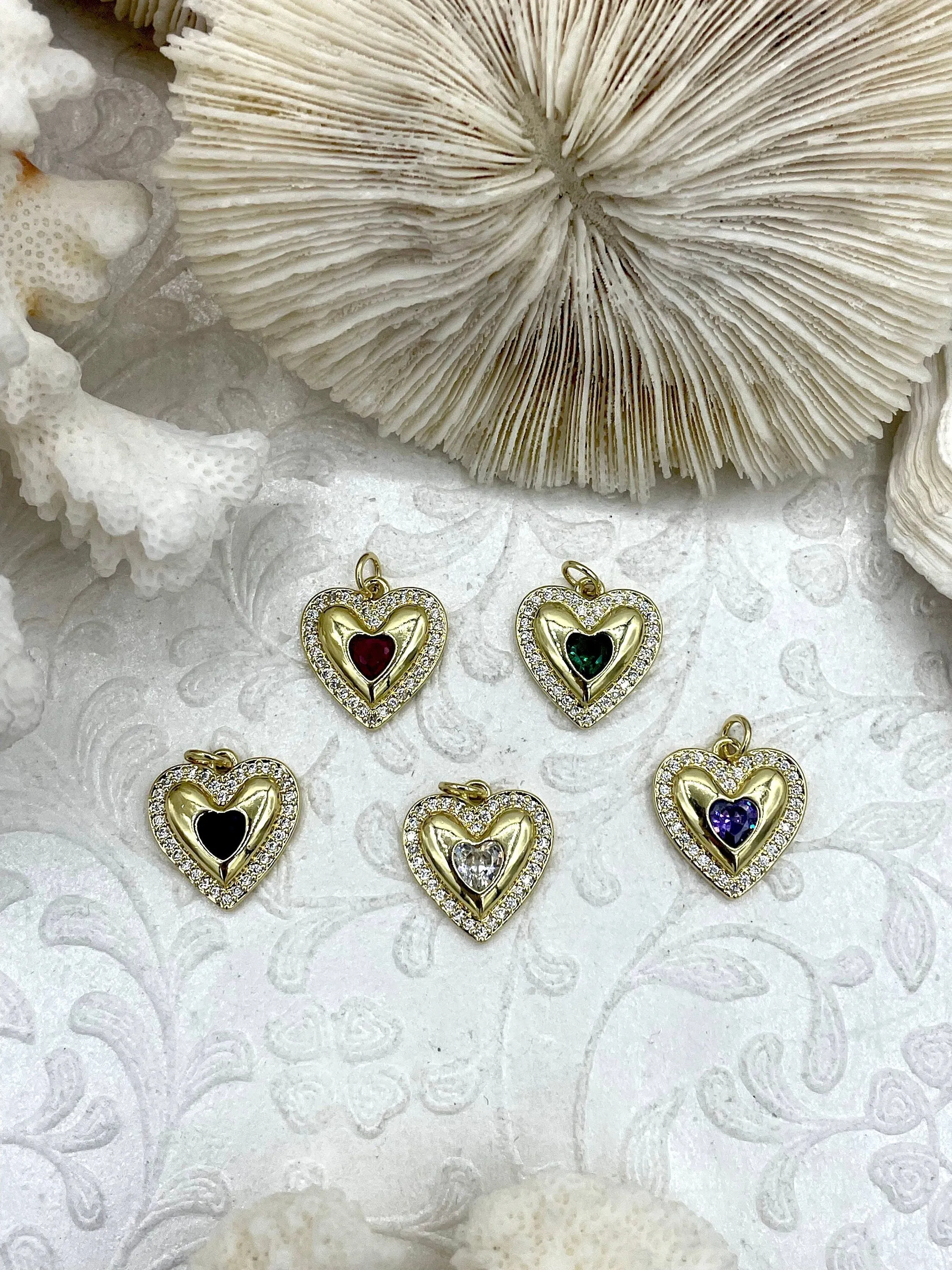 Brass Heart Charms with Colorful CZ, 5 styles, Gold Plated Brass, Brass, Clear CZ and Colorful CZ Heart Pendants, 16mm. Fast Ship