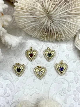 Brass Heart Charms with Colorful CZ, 5 styles, Gold Plated Brass, Brass, Clear CZ and Colorful CZ Heart Pendants, 16mm. Fast Ship