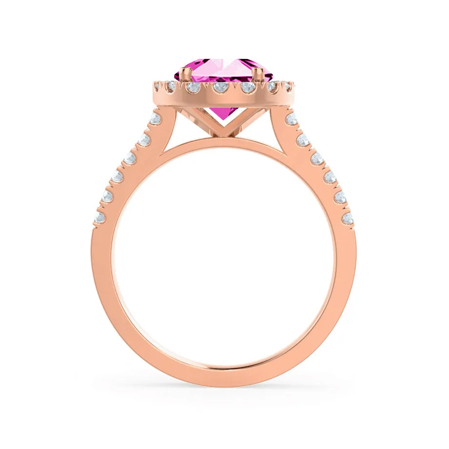 CECILY - Chatham® Lab Grown Pink Sapphire & Diamond 18k Rose Gold Halo Ring