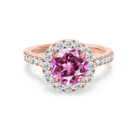 CECILY - Chatham® Lab Grown Pink Sapphire & Diamond 18k Rose Gold Halo Ring