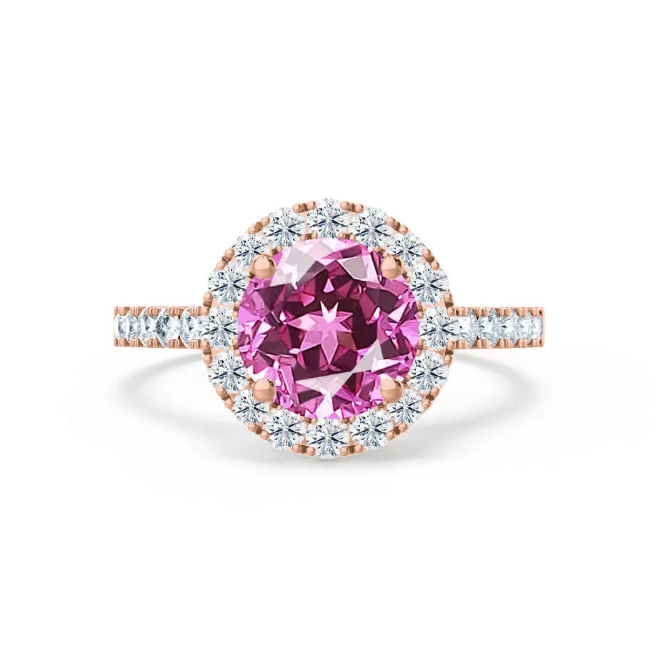 CECILY - Chatham® Lab Grown Pink Sapphire & Diamond 18k Rose Gold Halo Ring